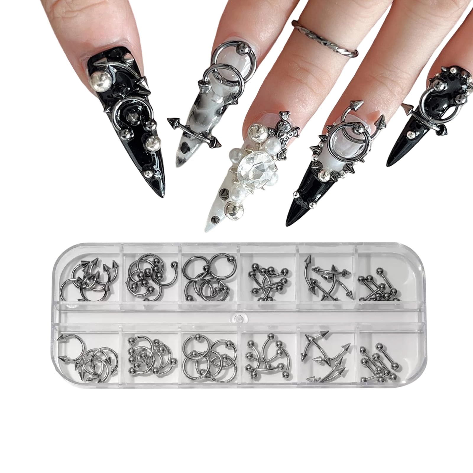 60 sztuk kolczyków do paznokci, 3D, stop srebra, gotycki, punk, dekoracja, srebrne, szare, stożkowe, kolce, metalowe pierścienie, stop, nity, biżuteria dla kobiet, gotyckie