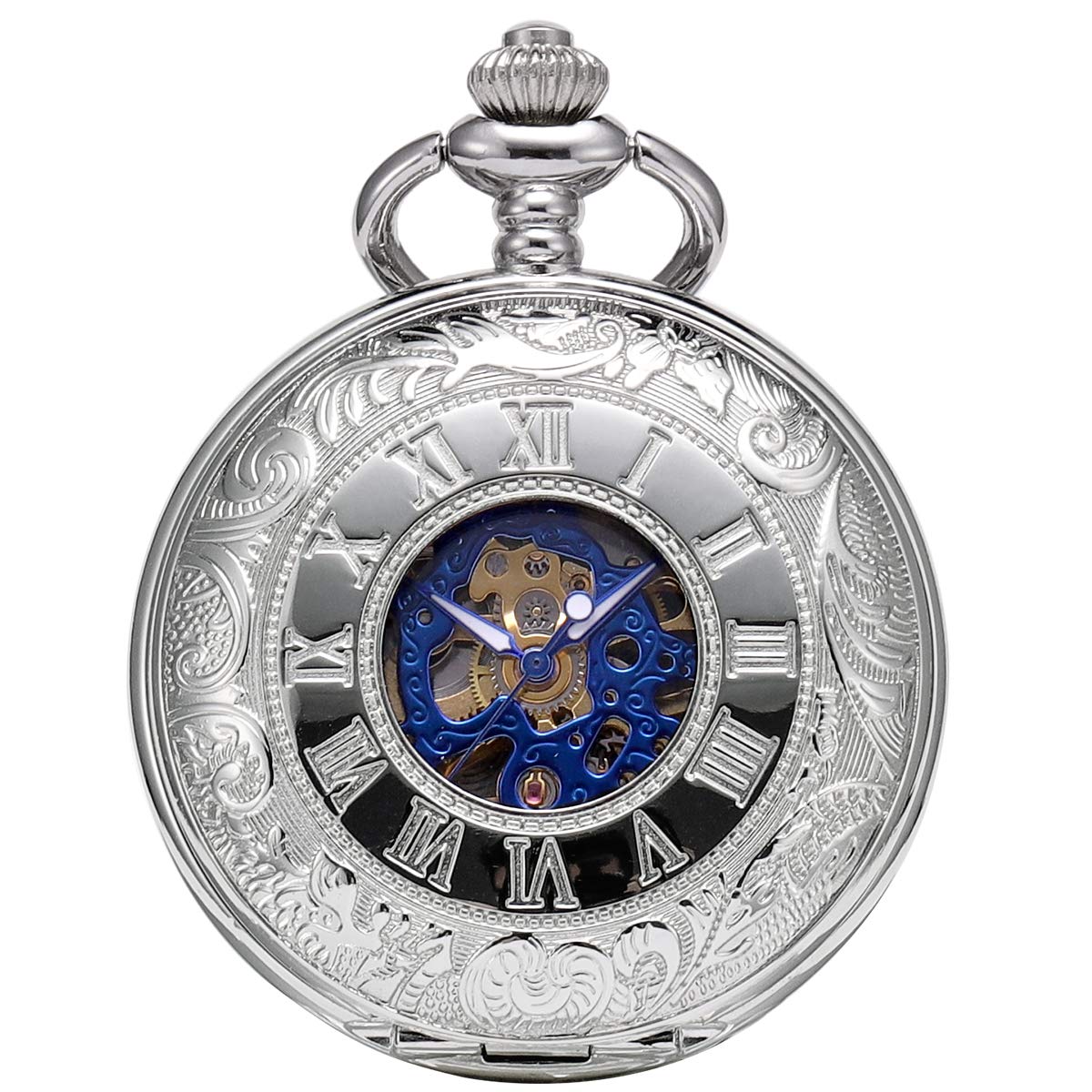ManChDa Mechanical Roman Numerals Dial Skeleton Pocket Watches with Box and Chains for Mens Women (Silver Blue)