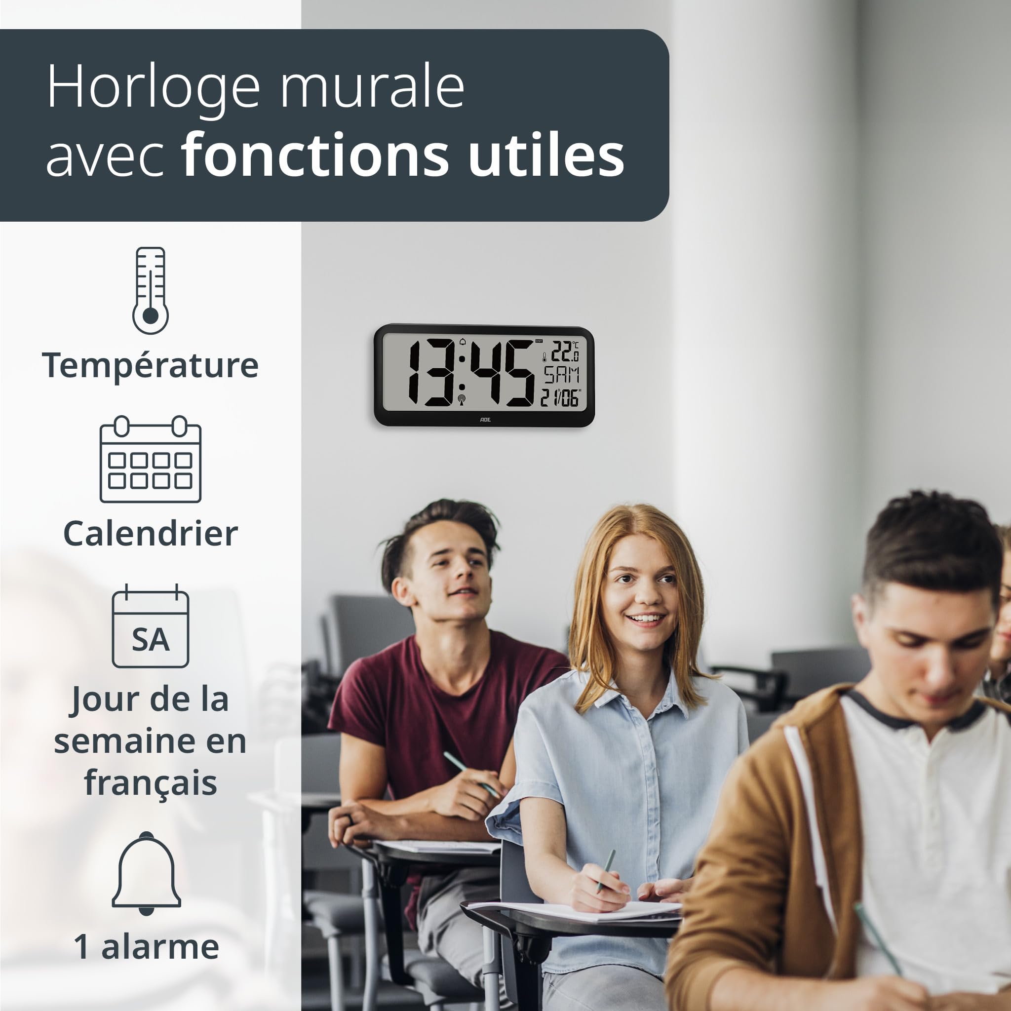ADE Horloge numérique Murale geante radiopilotée avec Chiffres XXL | Horloge de Table avec Calendrier | avec température & Alarme | Parfaite pour Les Seniors ou Les porteurs de Lunettes | Noir