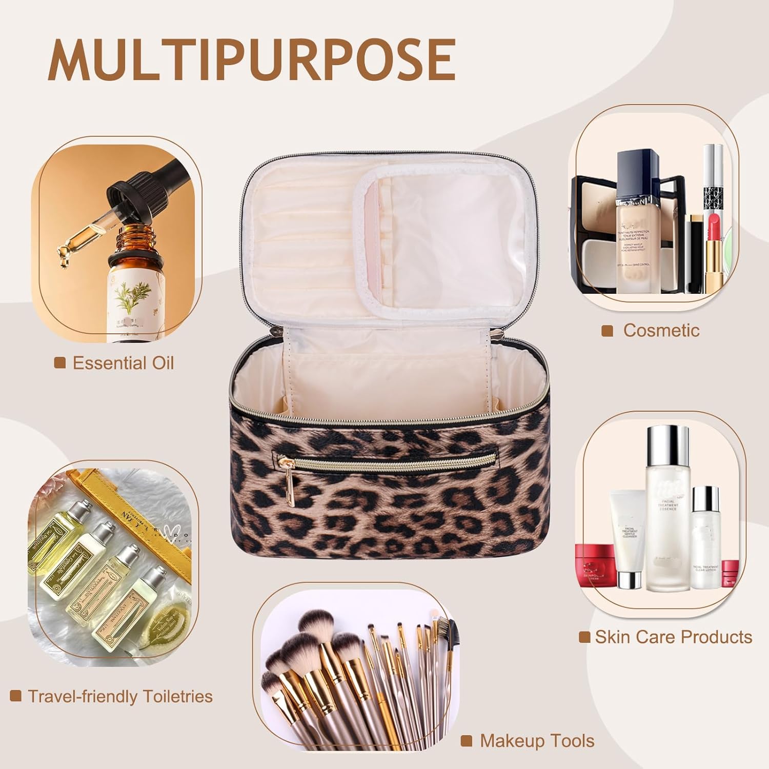 FITINI Travel Leopard Makeup Bag Cosmetic Bag with Zipper,Large Capacity Waterproof Toiletry Organizer Bag for Women Purse With Handle Zipper Brush Pouch - Image 5