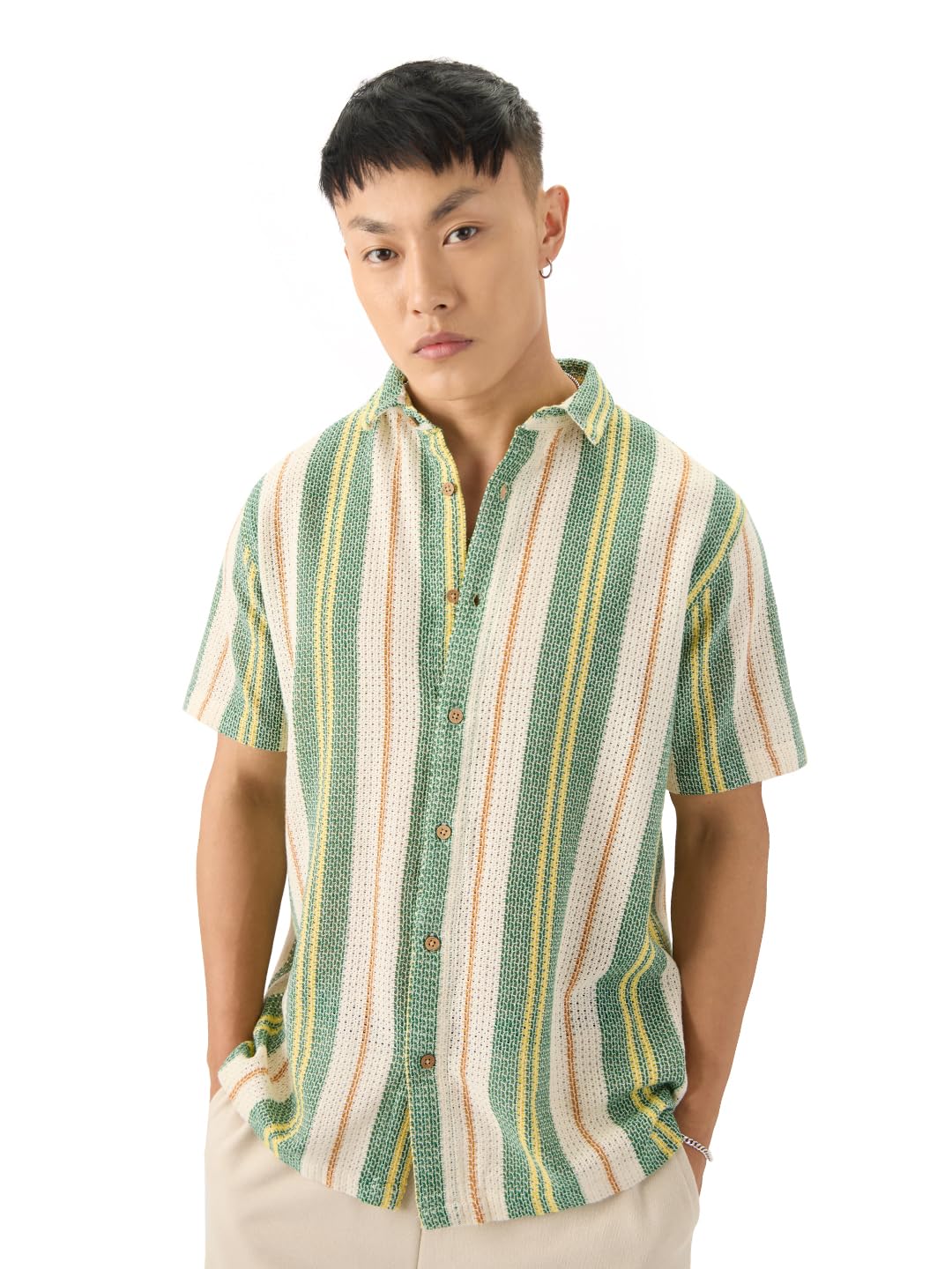 The Souled Store Stripes: Green, White, Yellow Men and Boys Half Sleeve Collared Neck Button Down Regular Fit Cotton Half Sleeve Shirts in white