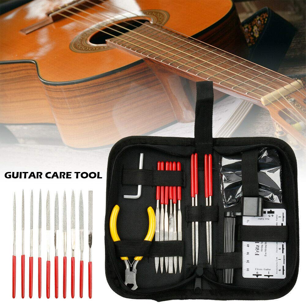 Kit Réparation Guitare 15 Pièces - Outils Entretien Guitare : Limes, Règle D'action, Coupe-cordes, Clé Allen, Chiffon