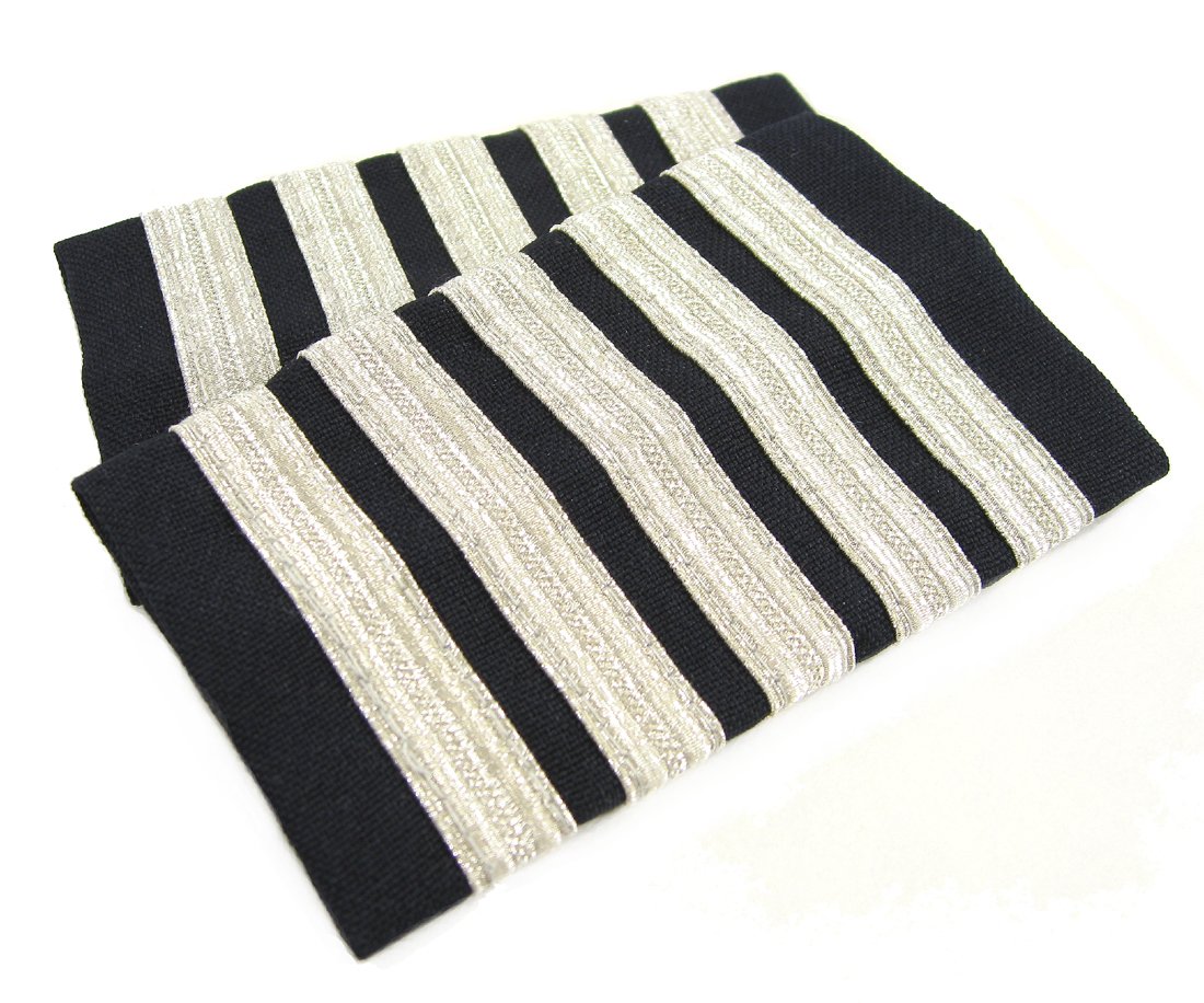 Egolets, 5 Stripe Novelty Pilot Epaulets (Silver Metallic on Navy), Navy, OSFA