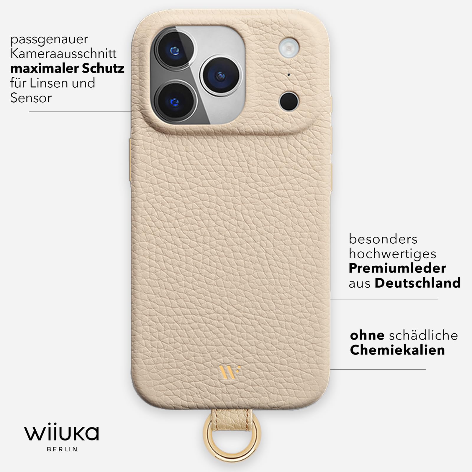WIIUKA Custodia per iPhone 17 Pro Max, in pelle dalla Germania, in pelle per cellulare, custodia di alta qualità, con catena a tracolla, anello per sci, beige crema
