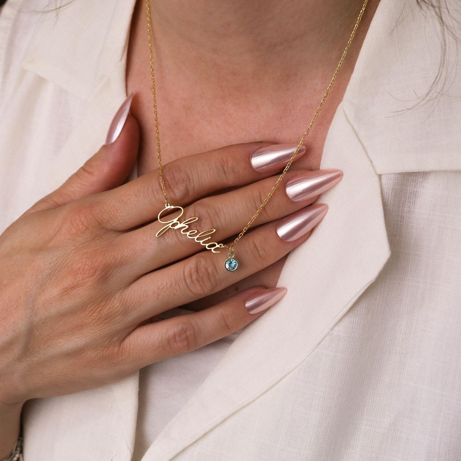 Su misura collana con nome con pietra portafortuna minimalista targhetta con nome gioiello compleanno per mamma Festa della Mamma anniversario