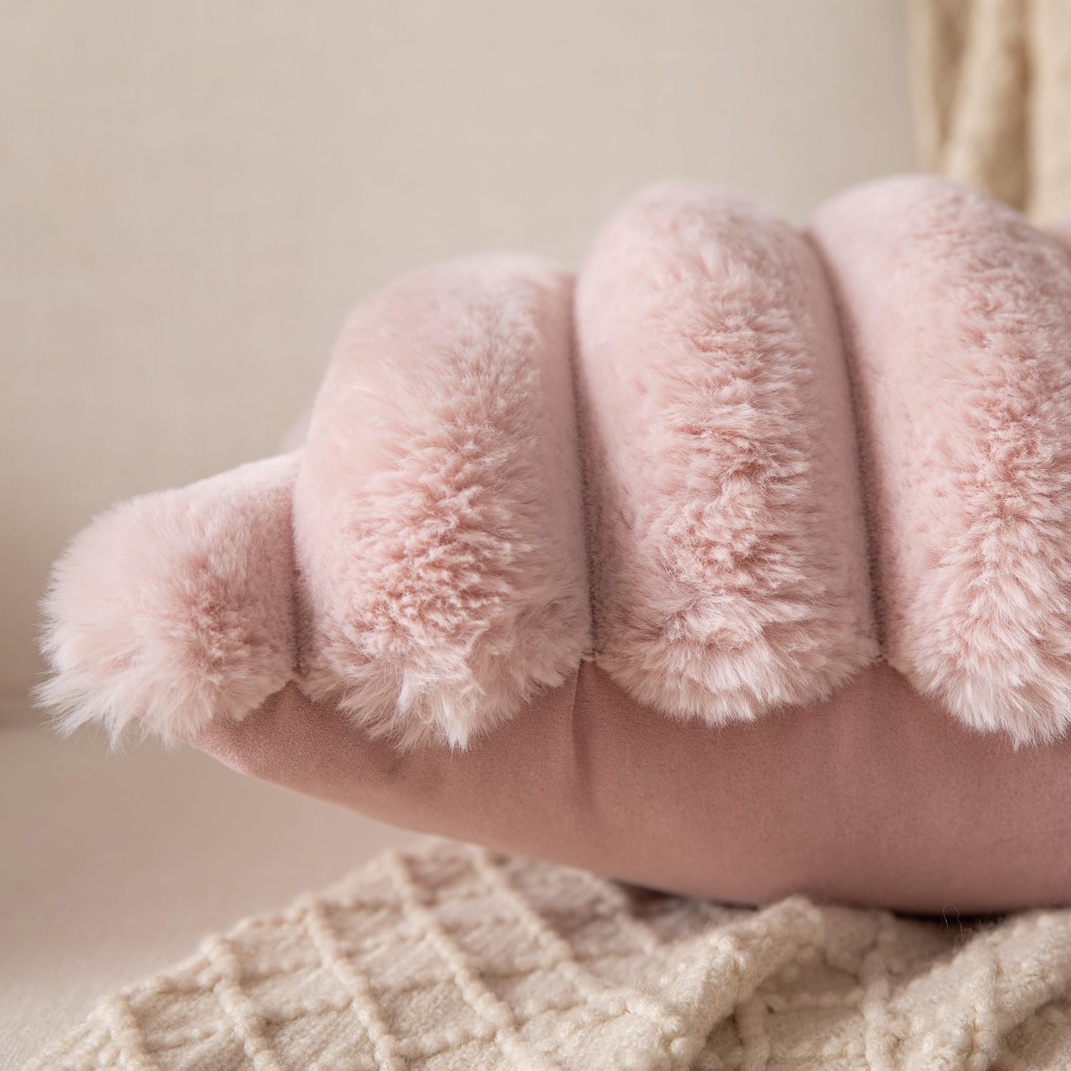 Yaertun Pink Striped Decorative Throw Pillow Covers 18x18 Inch Set of 2 Plush Soft Pillowcase with Velvet Back Faux Rabbit Fur Cushion Covers Sofa Couch Bed Livingroom - Image 3