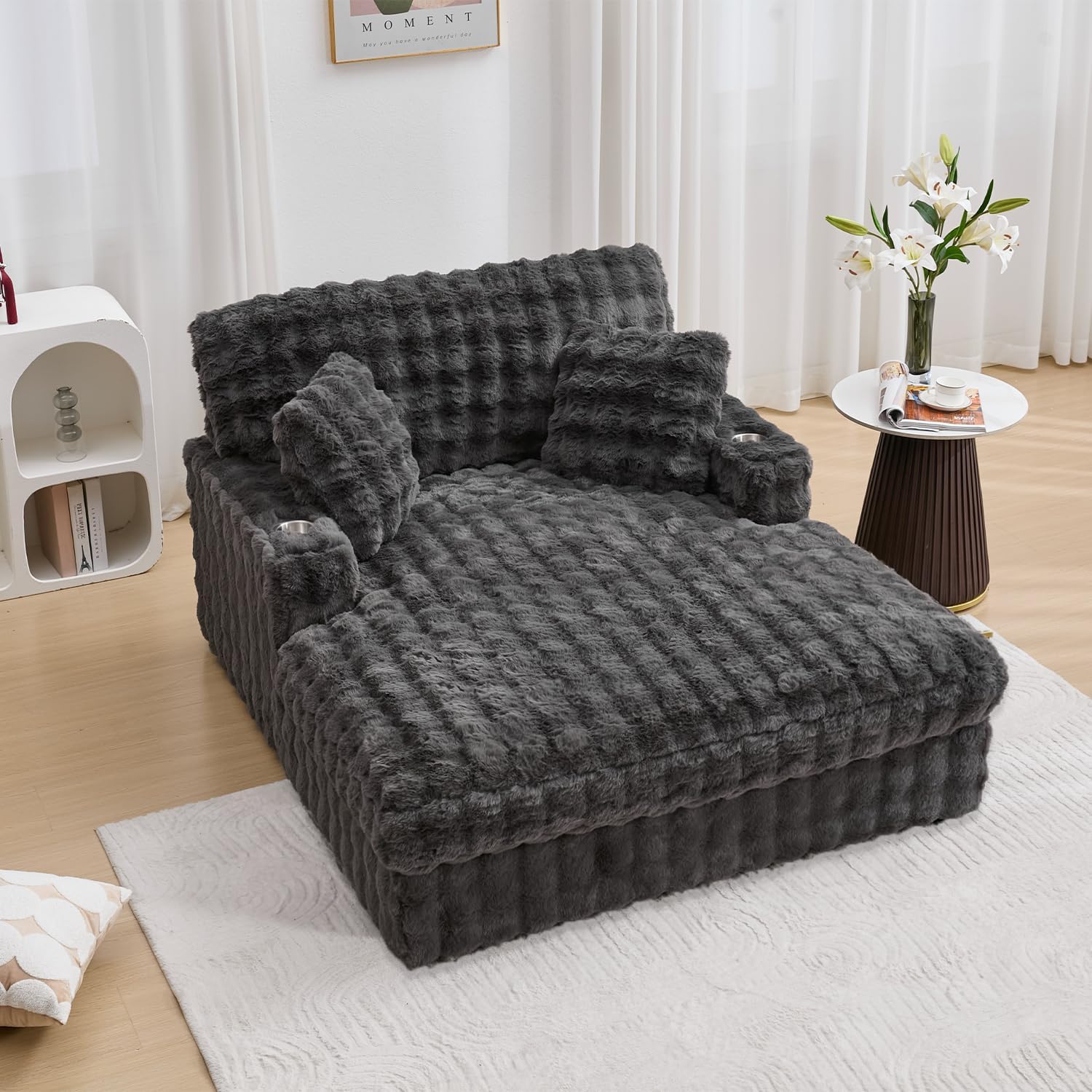 52.5 Inch Oversized Chaise Lounge Chair Indoor, Faux Fur Upholstered Sleeper Couch, Ergonomic Deep Seat Sleeper Sofa with Plush Pillows, Cup Holders, USB Port, Reading Chairs for Living Room/Dark Grey