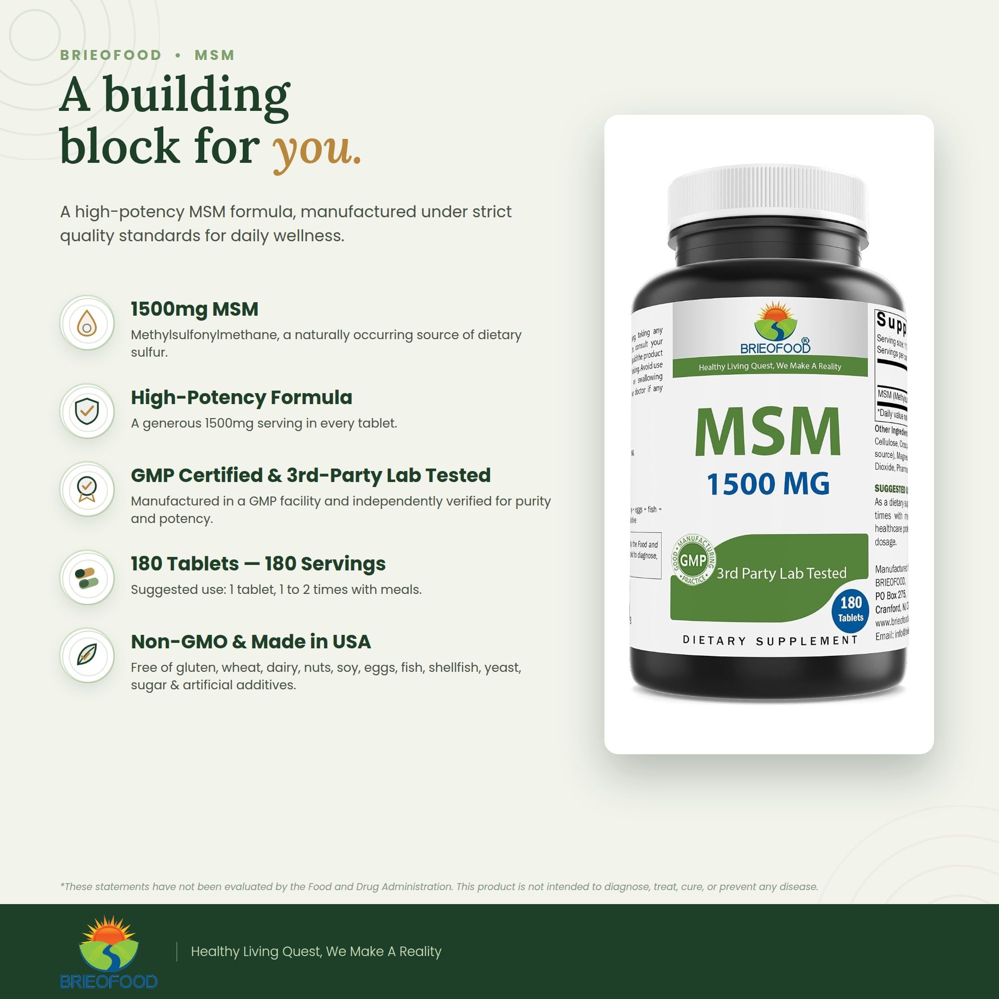 Brieofood MSM Supplement 1500mg per Tablet - Methylsulfonylmethane Powder Tablet — Amazon image 3
