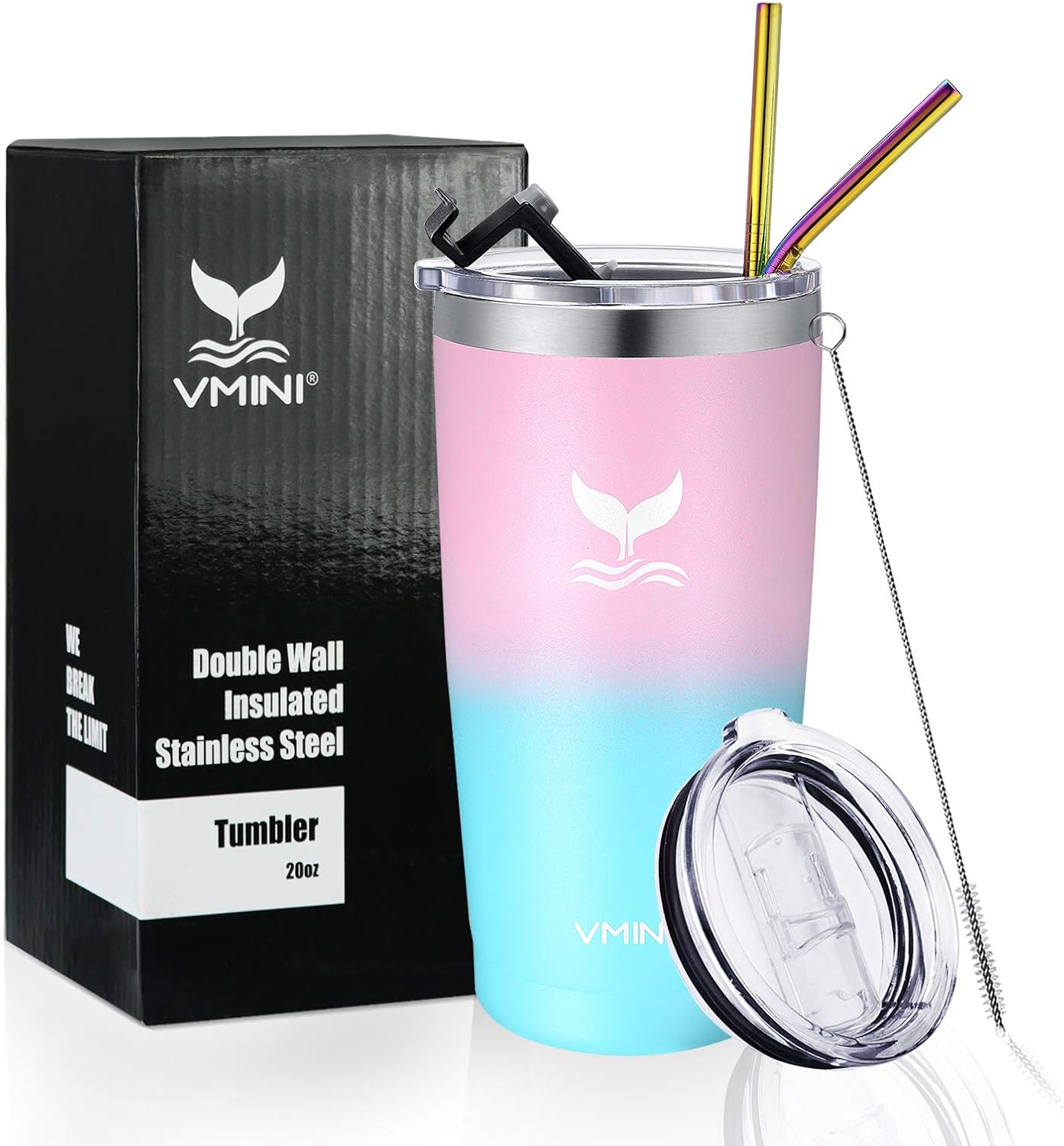 Vmini 20 oz Tumbler with Straws and Lids, Ice Coffee Tumbler, Travel Mug Vacuum Insulated Coffee Beer Pint Cup - 18/8 Stainless Steel Water Bottle : Pink + Blue