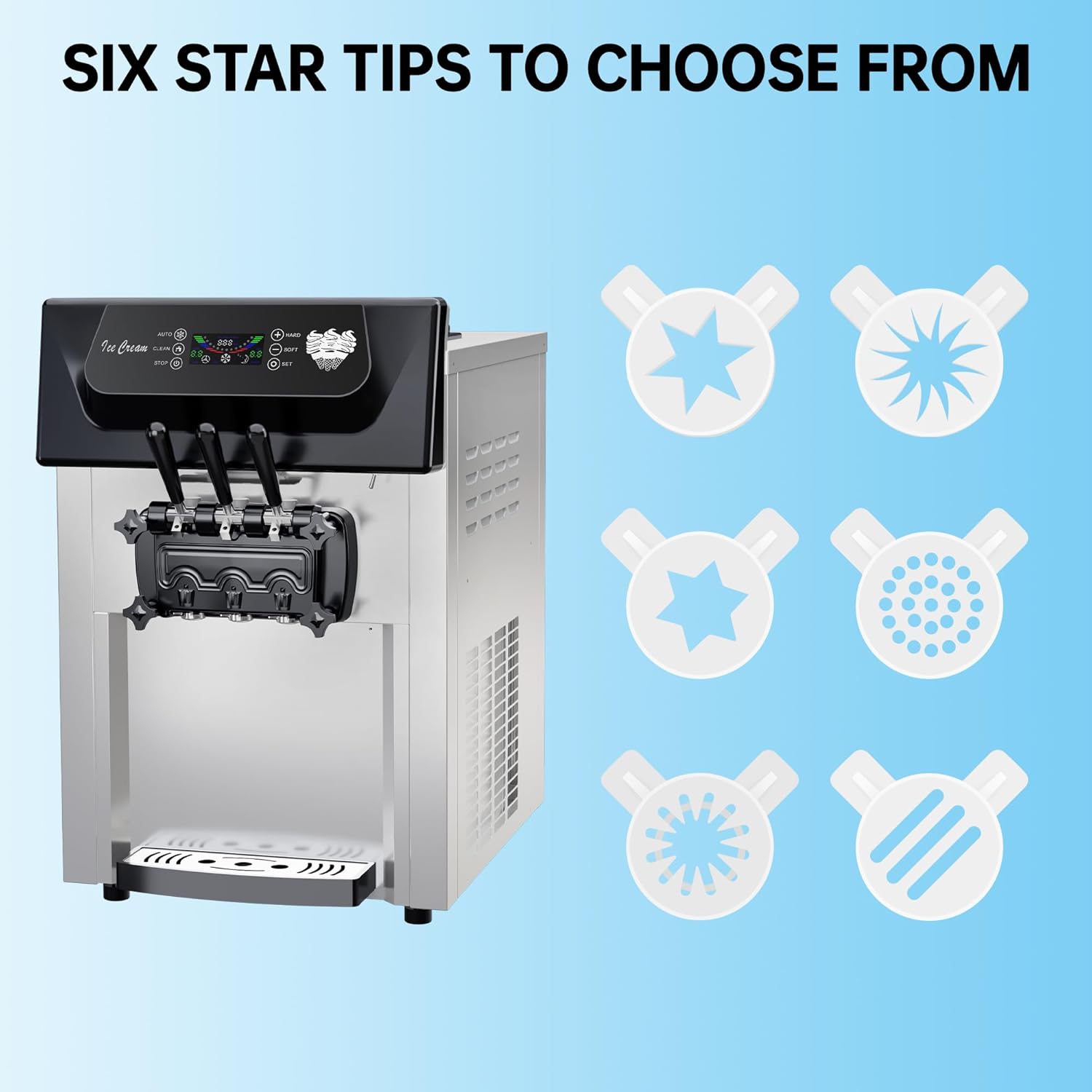 Six different star-shaped dispensing tips for the soft serve machine.