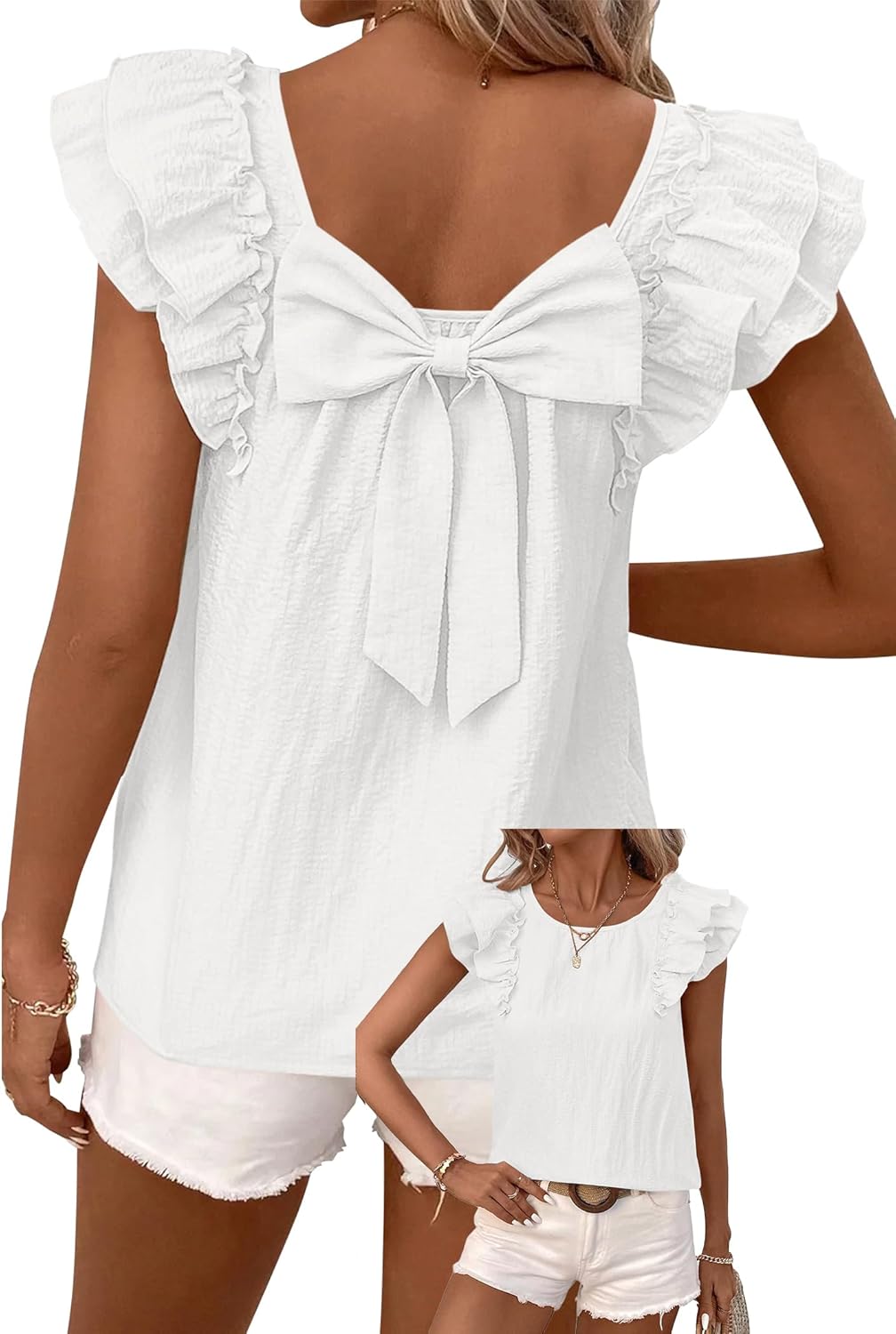 Halife Womens Summer Tops with Bow Tie Back Crew Neck Ruffle Short Sleeve Blouses Dressy Casual Cute Babydoll Shirt