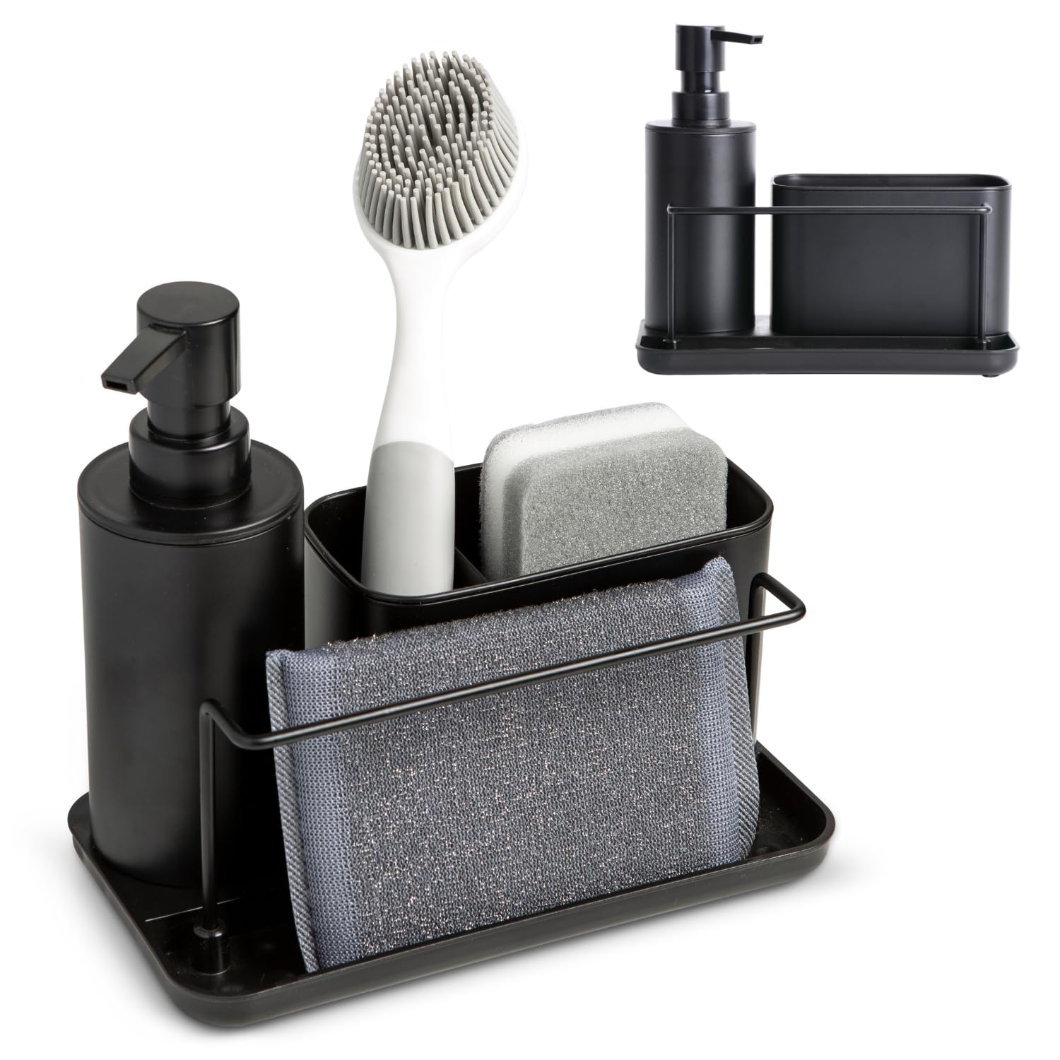 Dispensador Jabón Cocina plástico Negro Mate - Organizador de Fregadero con Compartimento para Estropajo y cepillos y Soporte para bayeta - dosificador jabon Cocina - 21x12x19 cm.