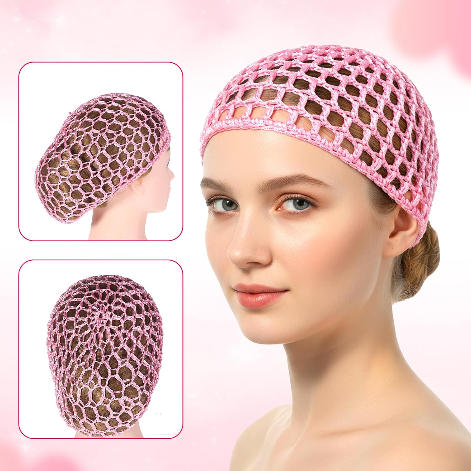 Hair Net for Silk Press 2 Pcs Shower Caps Hair Wrap Net Crochet Mesh Wrapping Wrap Elastic Sleeping Hairs Wraps Caps Reusable Nets Cap for Women Sleeping Makeup Shower (Gray, Pink)