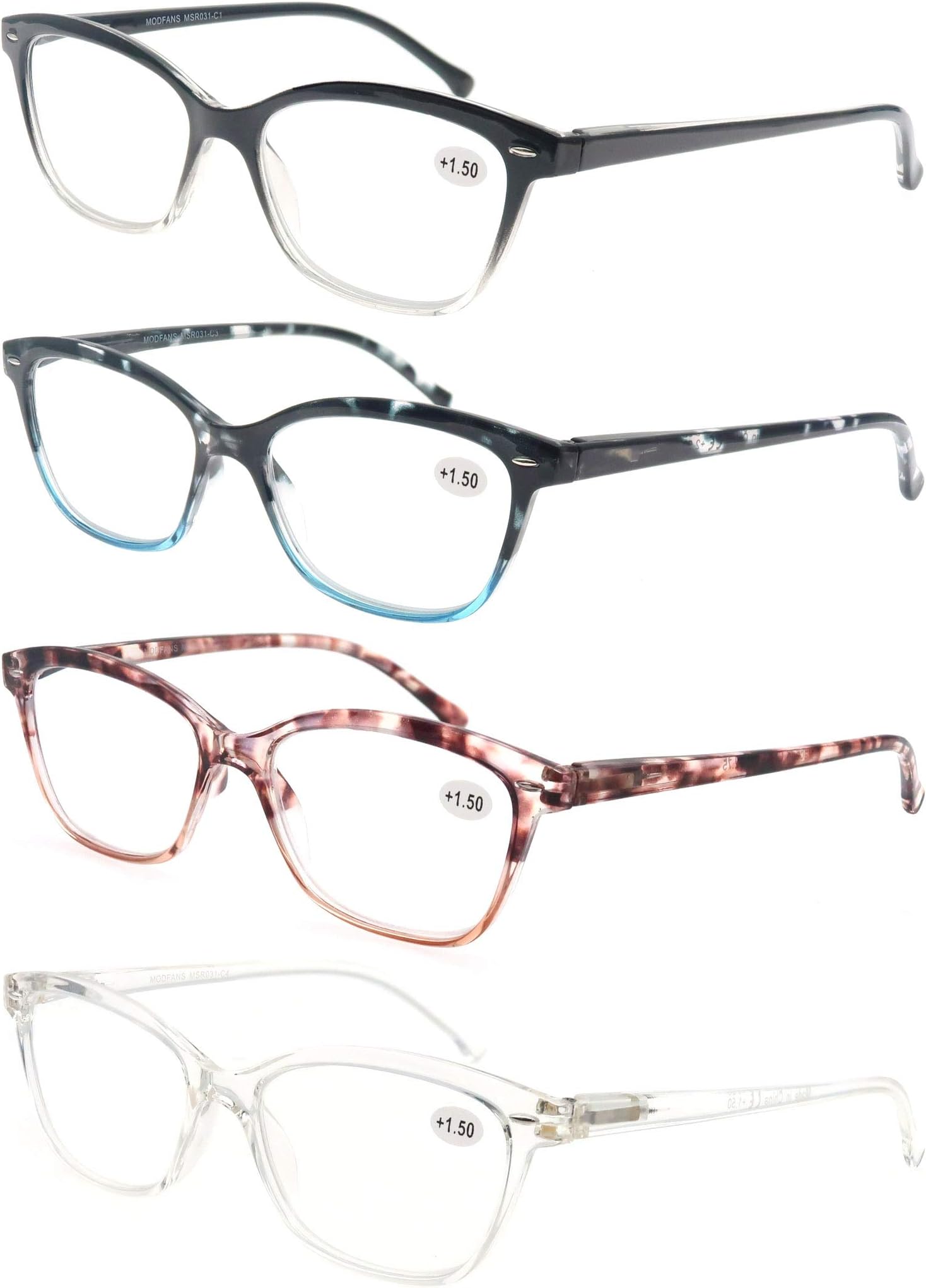 MODFANS Womens Reading Glasses 2.0 4-Pack Stylish Ladies Readers,Comfort Spring Hinge,Light Frame Pattern Fashion Design Pouch Included