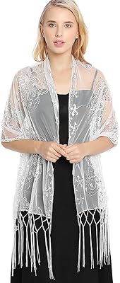 HEREAD Sequin Shawls and Wraps for Evening Dresses 1920s Lace Fringe Scarf Sparkly Cape Wedding Accessories for Women and Bride (F White)