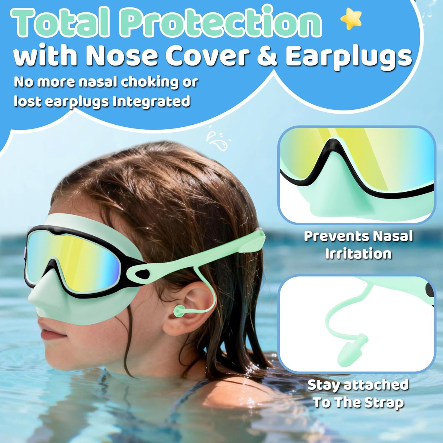 Vvinca Kids Swim Goggles with Nose Cover & Attached Earplugs, Anti-Fog Wide View Swimming Goggles for Boys Girls 3-12