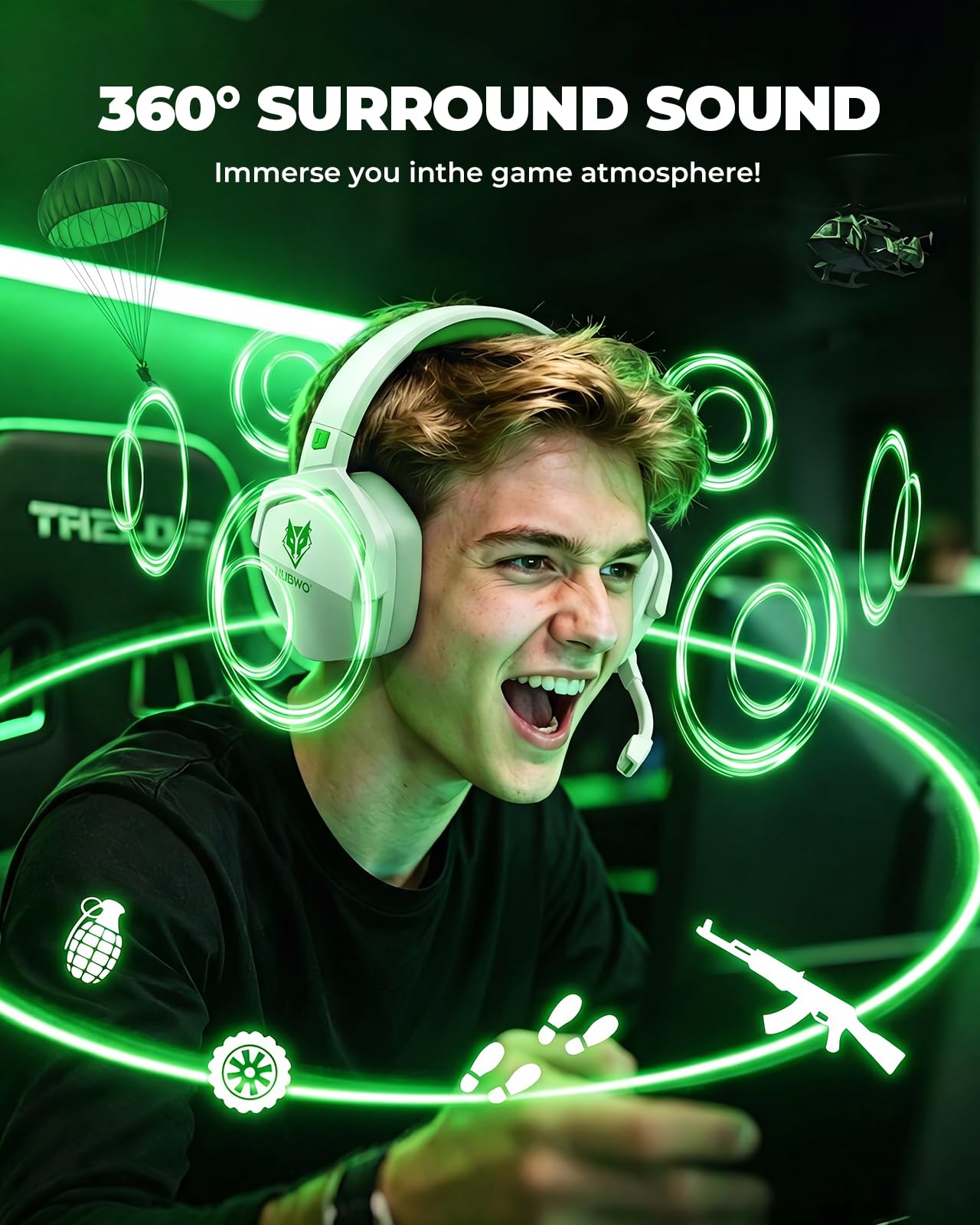 NUBWO G06 - Auriculares inalámbricos para videojuegos con micrófono para Xbox PS5, PS4, PC, 23 ms de baja latencia, 100 horas de reproducción, controlador de 50 mm, color blanco y verde