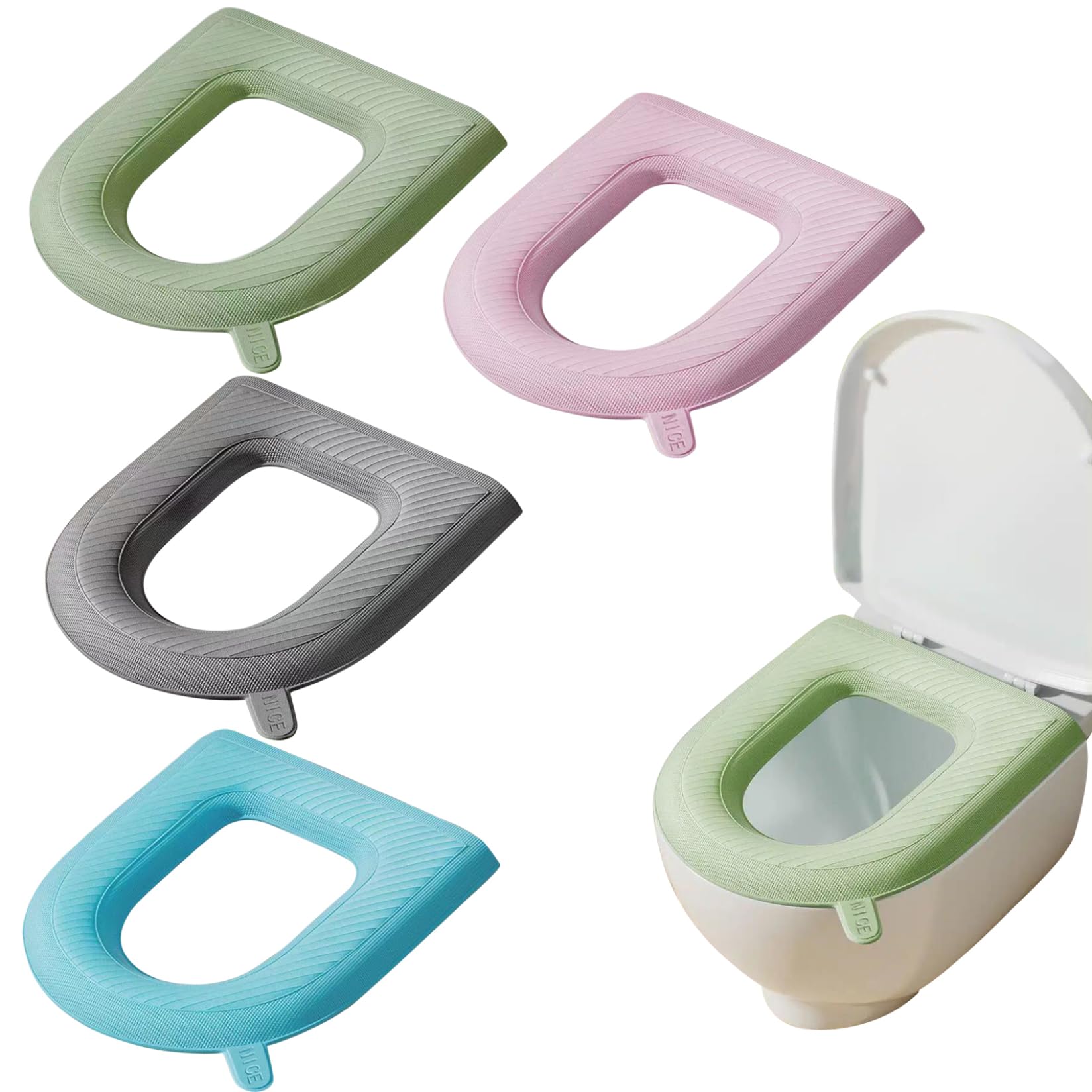Cojín universal impermeable para asiento de inodoro, 4 piezas, funda de EVA gruesa con mango de elevación, suave y cómodo, almohadilla de asiento de inodoro de 15.4 x 16.9 pulgadas para uso doméstico