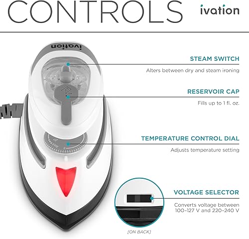 Miniatura 3 de Ivation Plancha de vapor de viaje  Mini plancha seca de doble voltaje y vaporizador de ropa con suela antiadherente, control de temperatura y luz