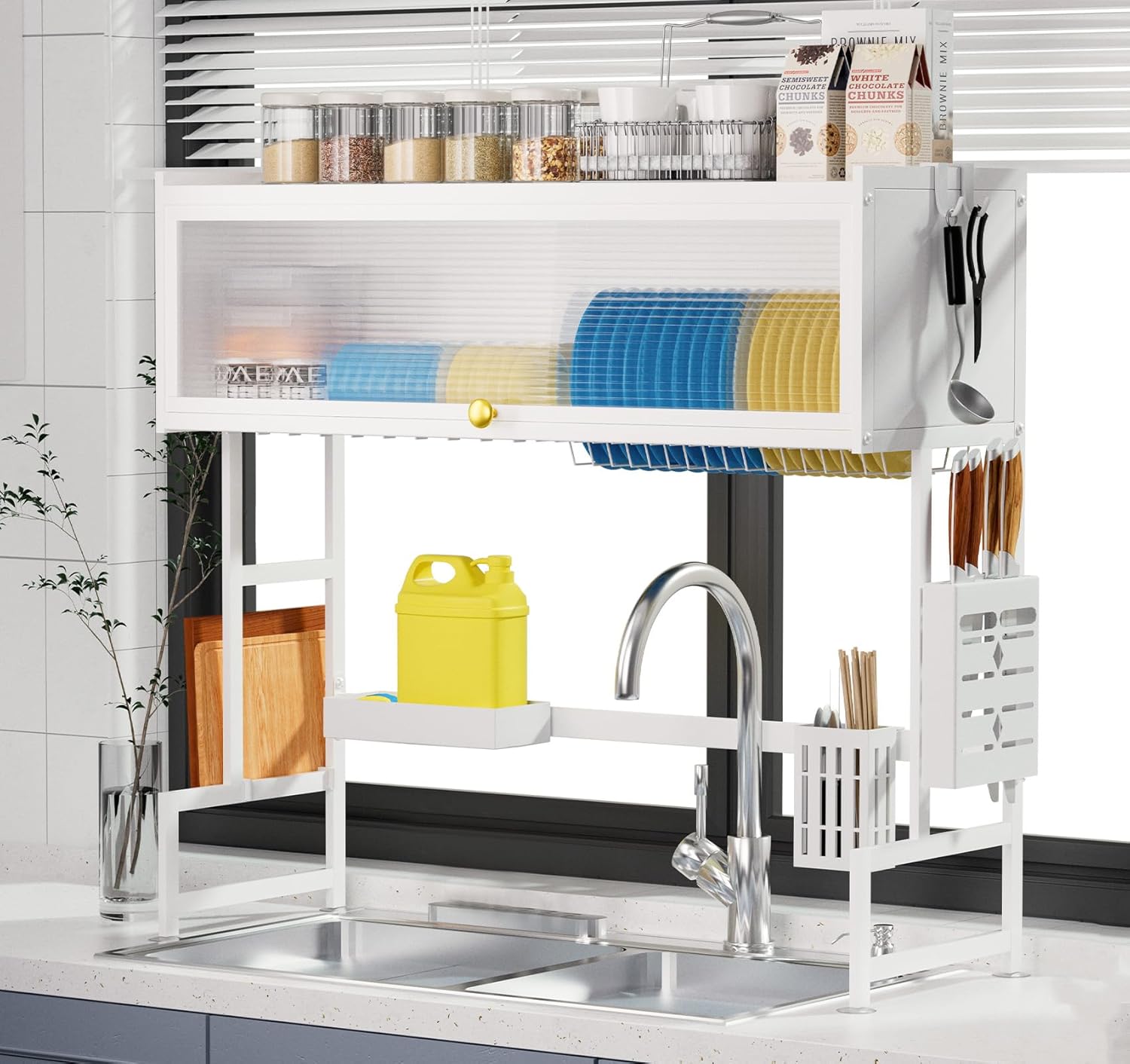 lesolar Over The Sink Dish Drainer Drying Rack, Sink Dish Drying Rack for Kitchen Counter with Cover, 2 Tier Large Kitchen Dish Drying Rack, White Dish Dryer Rack, Over The Counter Dish Drying Rack