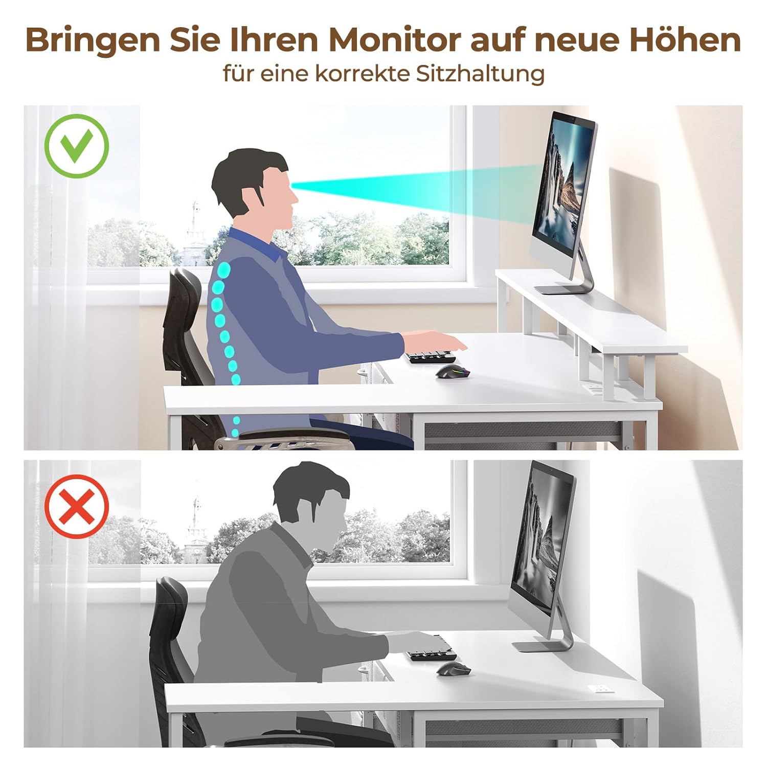 Illustration demonstrating correct ergonomic posture with a monitor on the raised stand versus incorrect posture without it