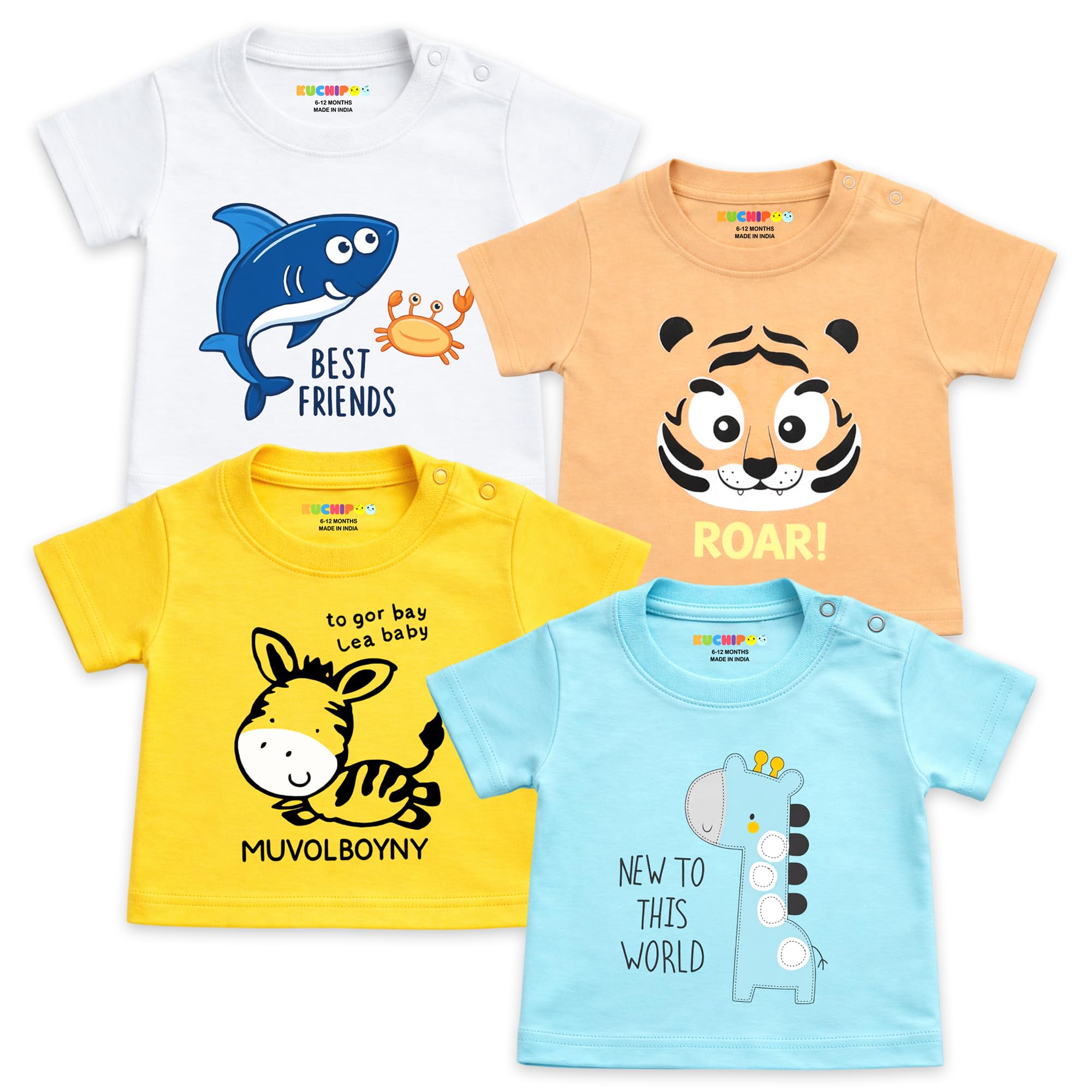 Kuchipoo 100% Cotton Baby Boys & Girls Printed T-Shirt Combo | Soft & Breathable Half Sleeve Tee | Cute Animal Graphics | Pack of 4