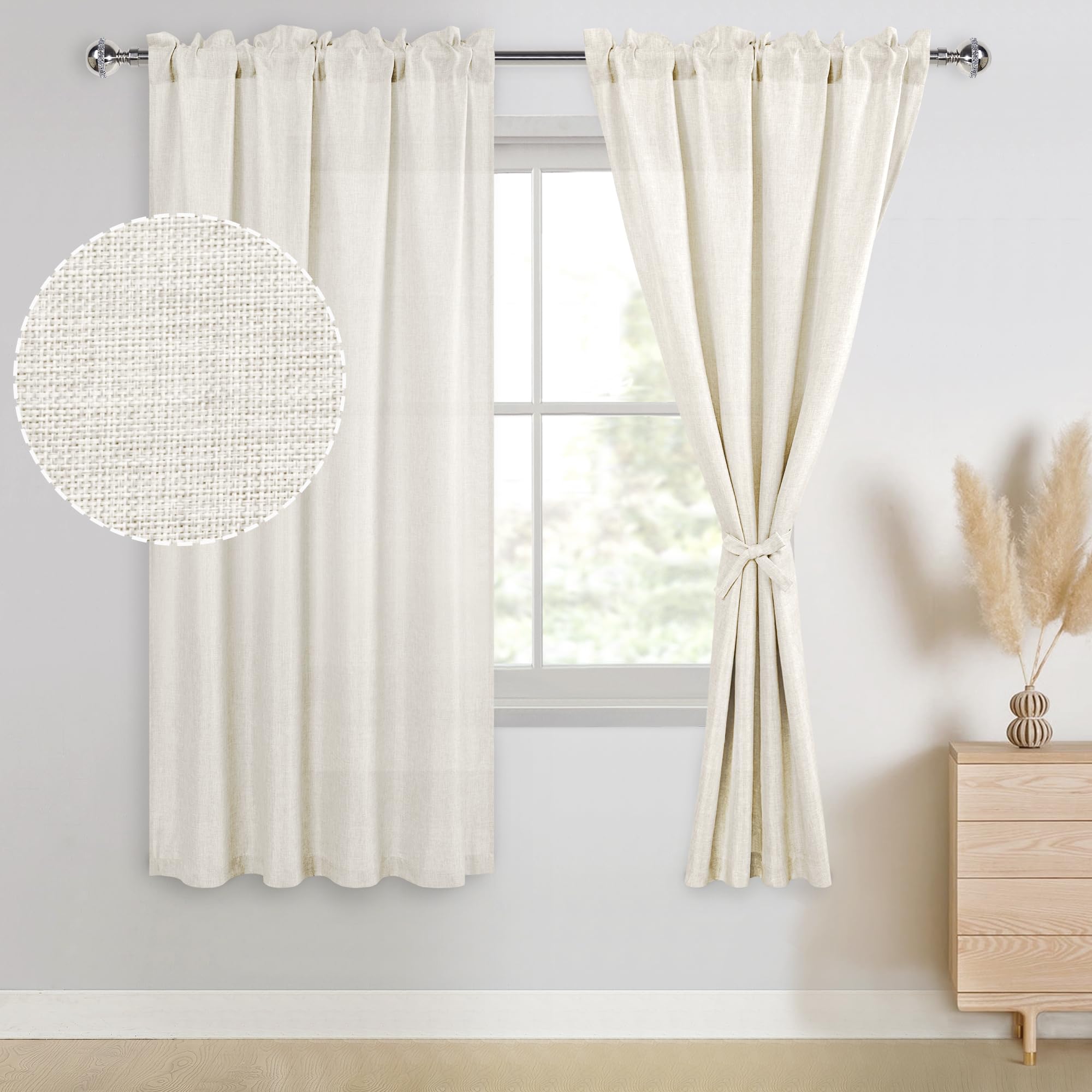 JIUZHEN Faux Linen Curtains for Bedroom, Rod Pocket Thick Linen Semi Sheer Curtains 63 Inch Length 2 Panels Privacy Protected Light Filtering Curtains & Drapes for Living Room, 52 x 63 Inch, Champagne