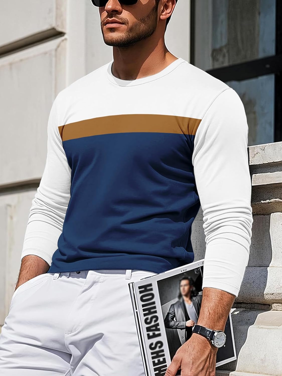 Men's Long Sleeve Tee Shirts Color Block Striped Pullover Casual Round Neck Fitness Sports Basic Tops - Image 3