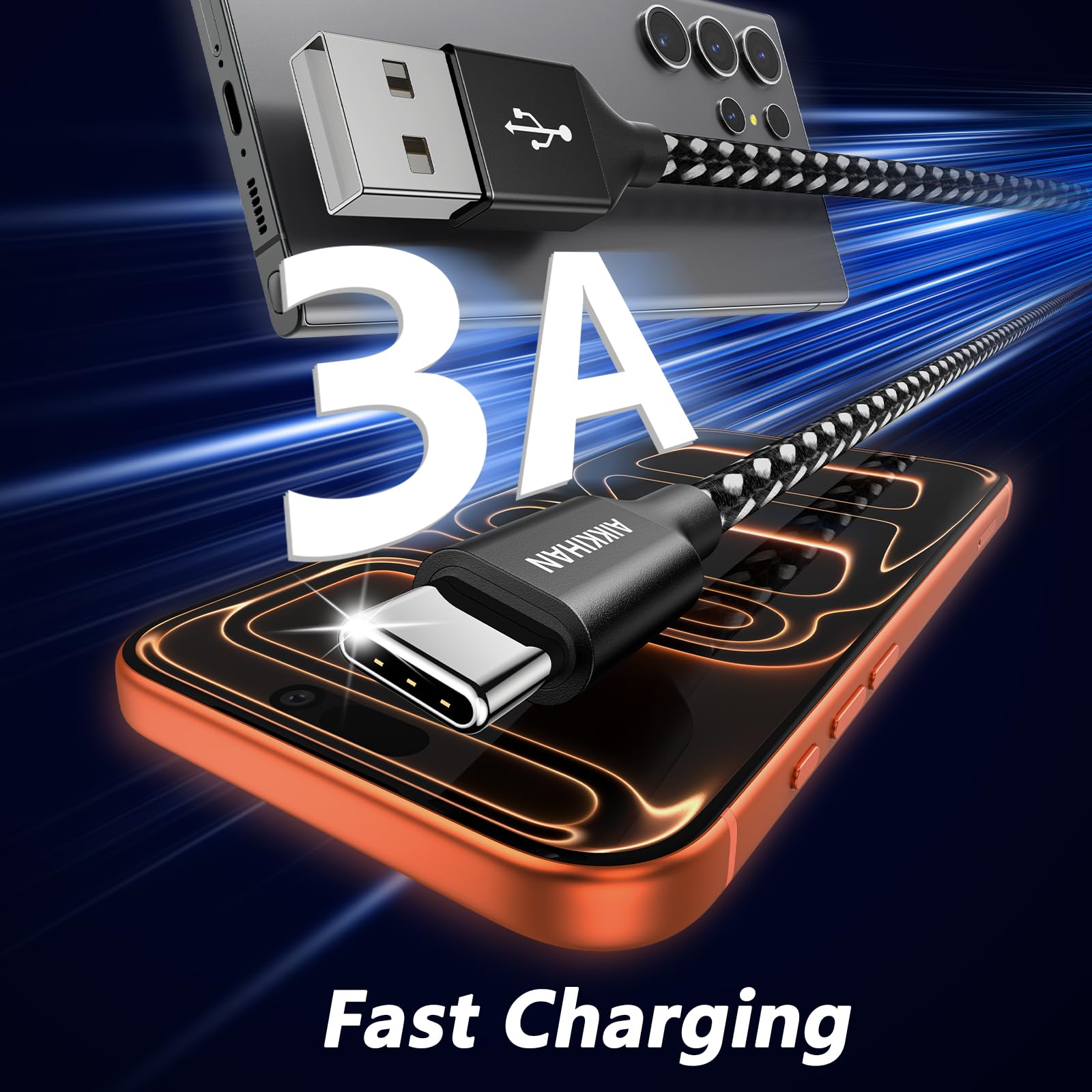 Cavo USB C da 3 m, cavo intrecciato da USB A a USB C, cavo di ricarica rapida per iPhone 17, iPhone 17 Pro Max, iPhone 16/iPhone 15 Series, per Samsung Galaxy S26 S25 S24 S23