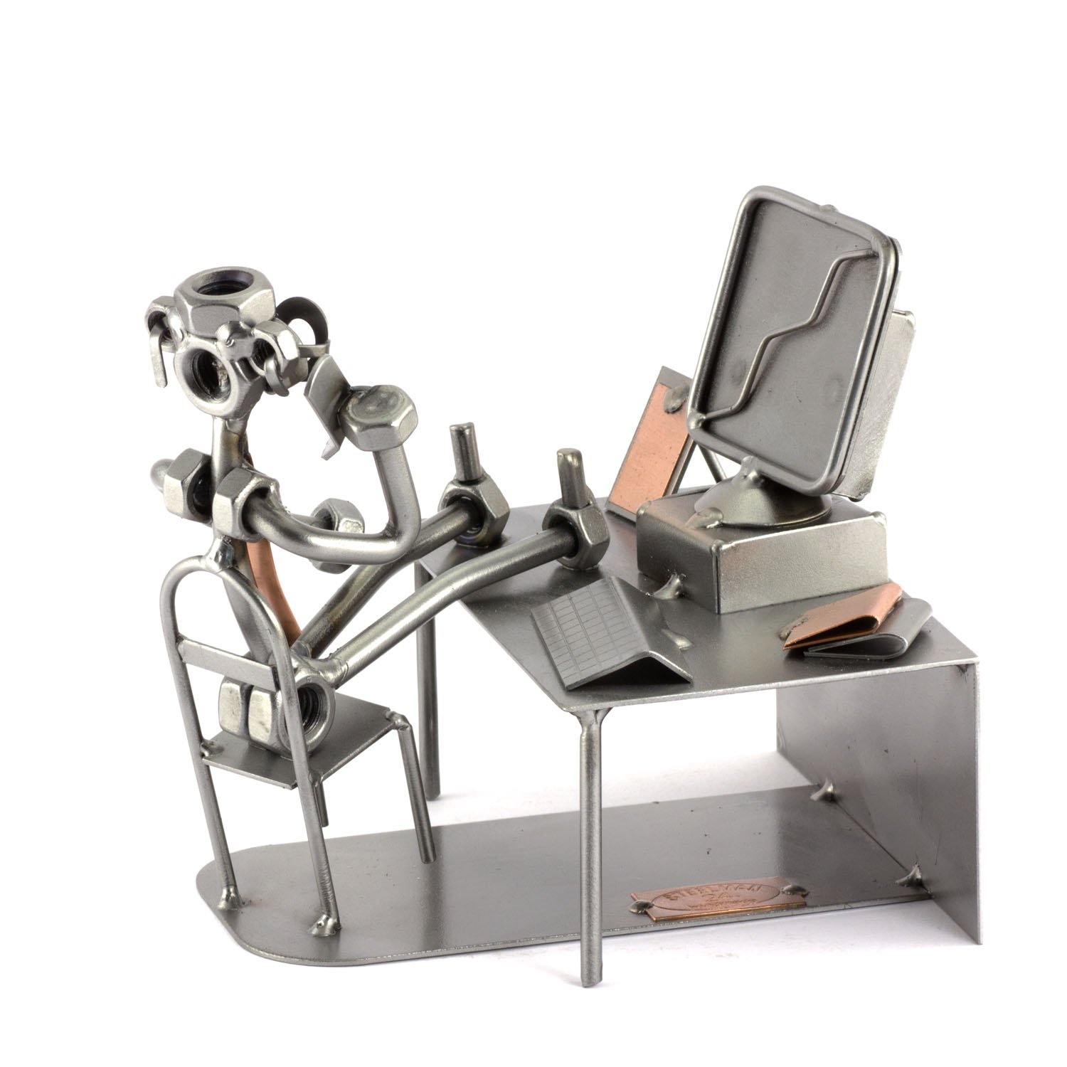 Steelman24 I Omini di Viti Pausa al Pc con Portabiglietti da Visita con Piastra di Incisione Personale I Idee Regalo I Soprammobili in Metallo