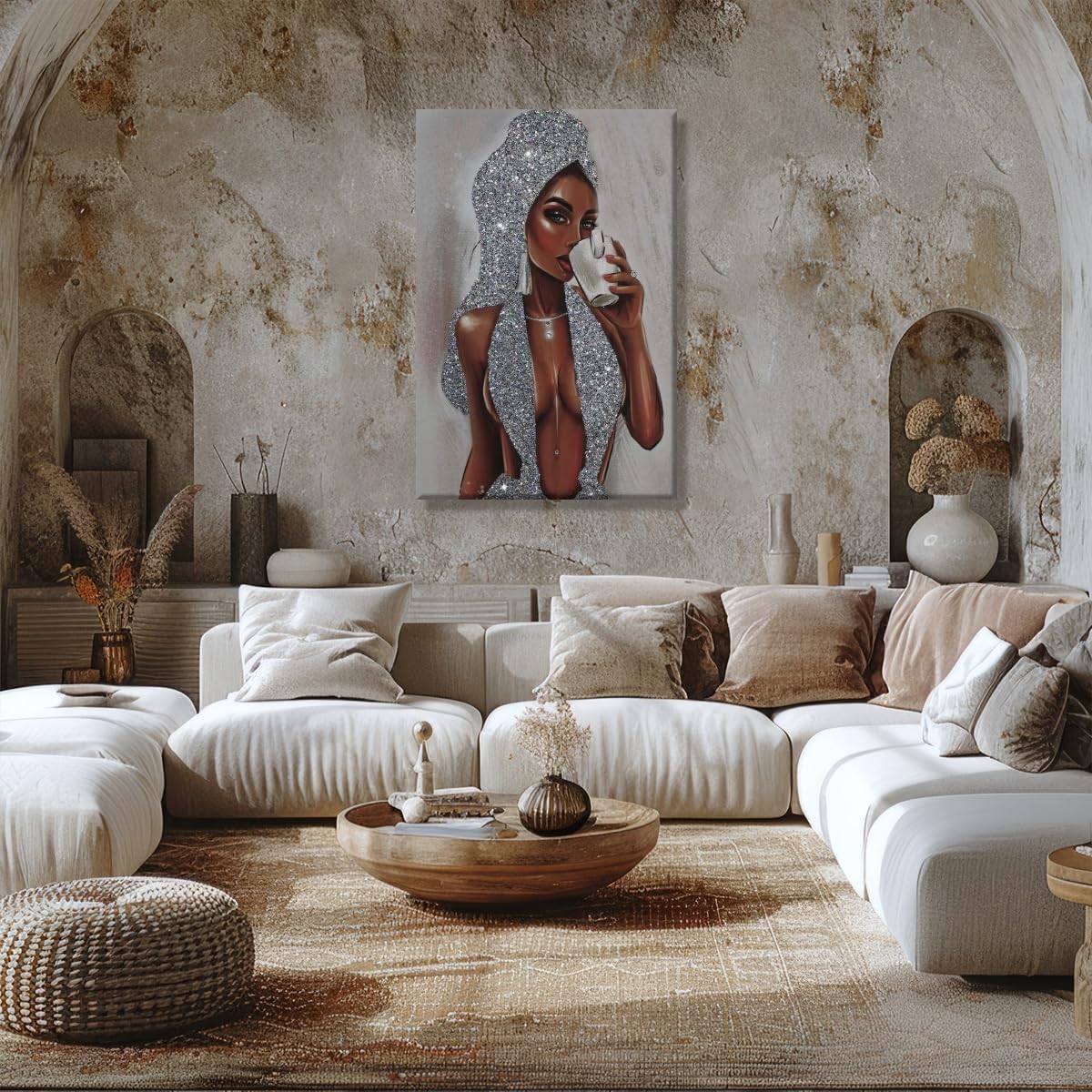 African American Black Women Wall Art Girl Popular Canvas Print Painting Black Woman Silver Glitter Textured Posters for Home Living Room Bethroom dorm Bathroom Wall Decor 16x24inch Framed