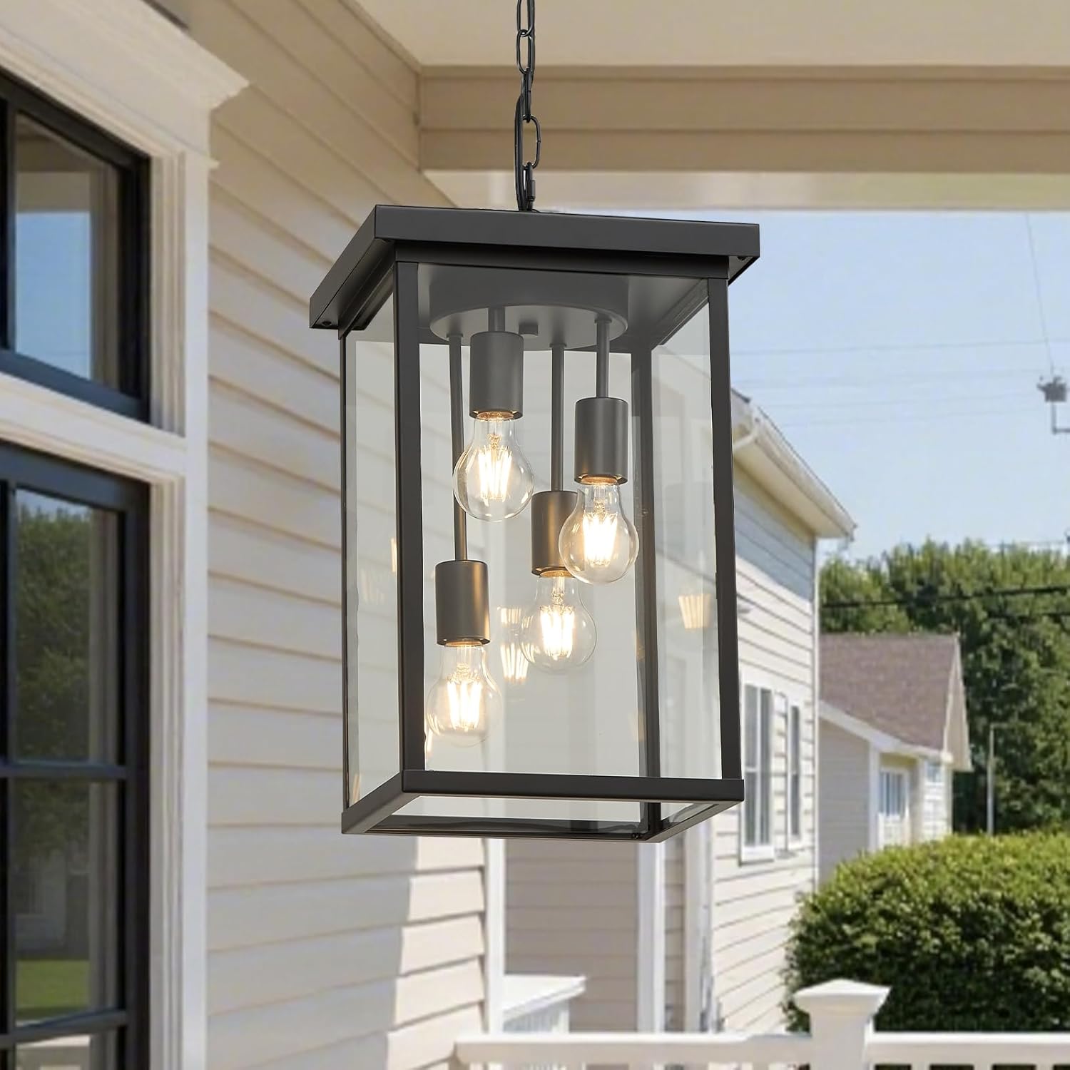 LOUSACE 16.7'' Black Outdoor Pendant Light 4-Light Large Outside Pendant Porch Lights Ceiling Haninging Outdoor Chandelier with Clear Glass Exterior Light Fixtures Lantern for Front Door Foyer Doorway