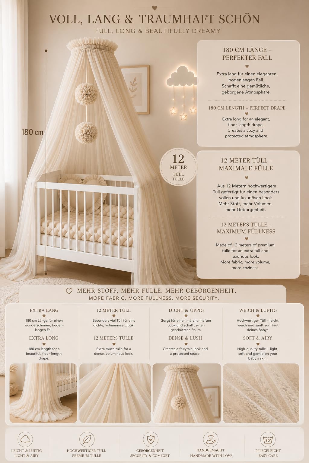 Baby Fancyroom lit pour bébé, berceau, moustiquaire, décoration chambre enfant, tulle qualité supérieure (beige)