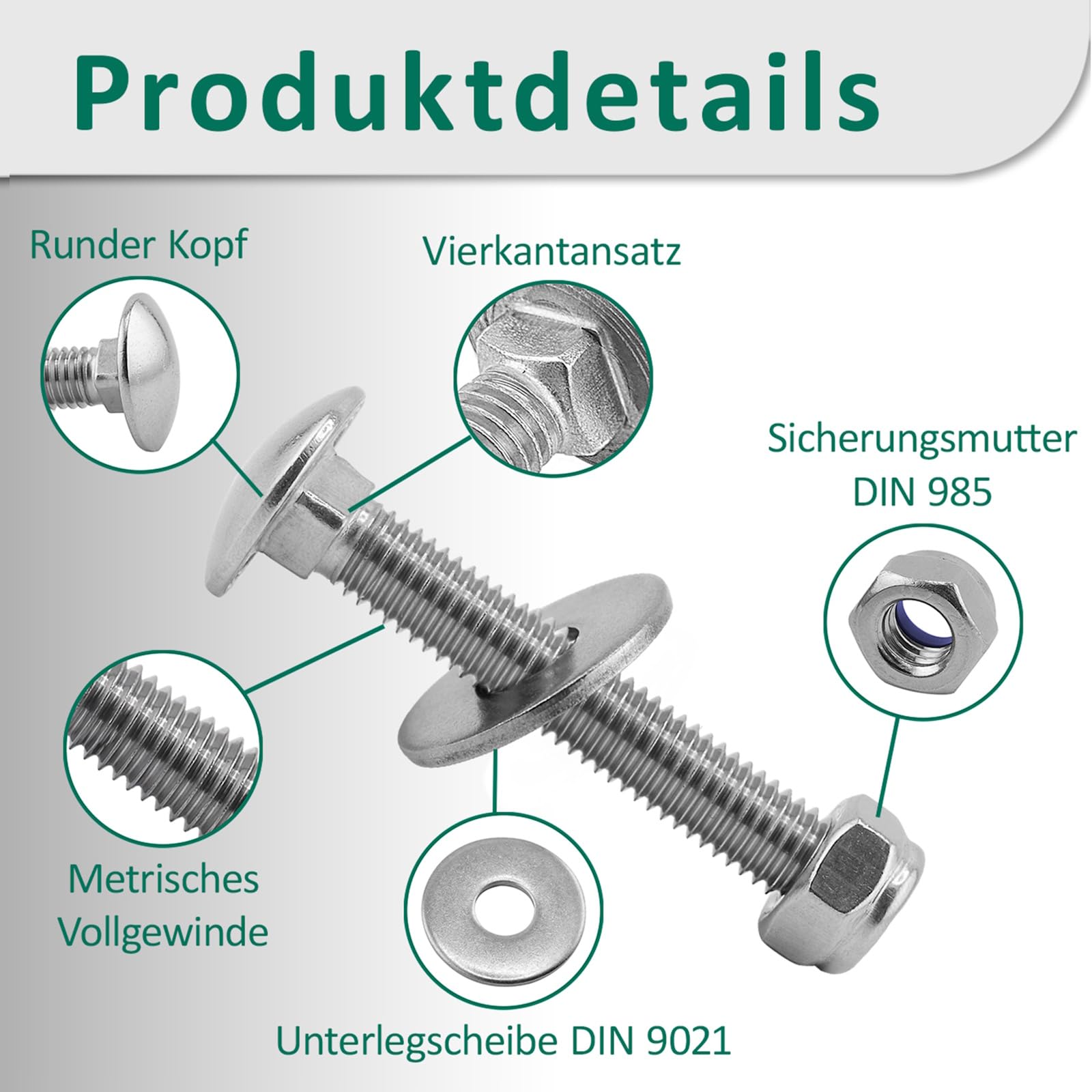 DSM – Tornillos M6 x 40 mm según DIN 603 – Tuerca de seguridad M6 DIN 985 y arandela DIN 9021 – Acero inoxidable A2/V2A – Tornillos de cabeza redonda plana con cuello cuadrado – Tuercas de tope – 100