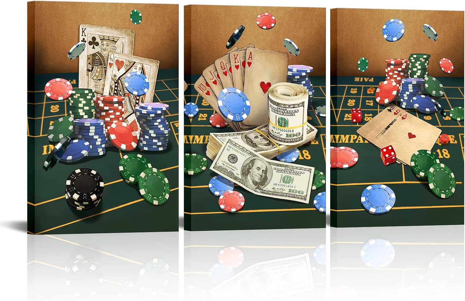 Conipit Poker Picture Painting Wall Art for Pub Bar Casino Wall Decoration Playing Poker Canvas Casino Concept Painting Gamble Chips Picture Prints Gallery Wrap Stretched 16"x24"x3pcs