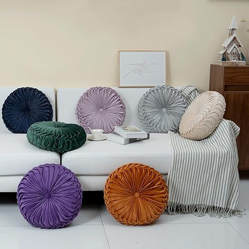 Miniatura 7 de Sioloc Almohada redonda de terciopelo para decoración del hogar, cojín plisado para sofá, silla, cama y automóvil (morado, 15.7 pulgadas)