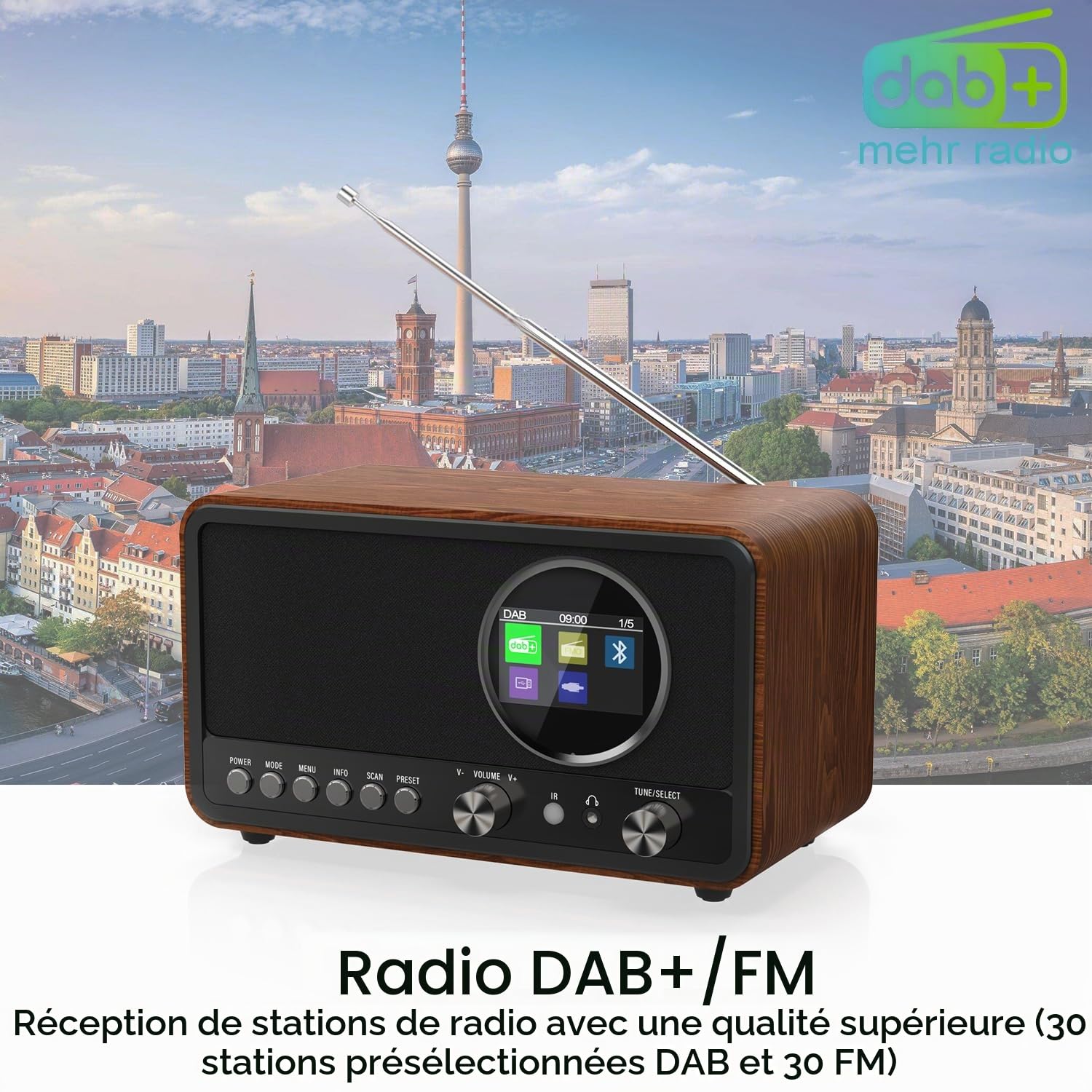 Monodeal radio portable (DAB+, FM, réveil, haut-parleur HiFi 5 W, prise casque, écran TFT, commande des touches), radio-réveil avec 60 préréglages