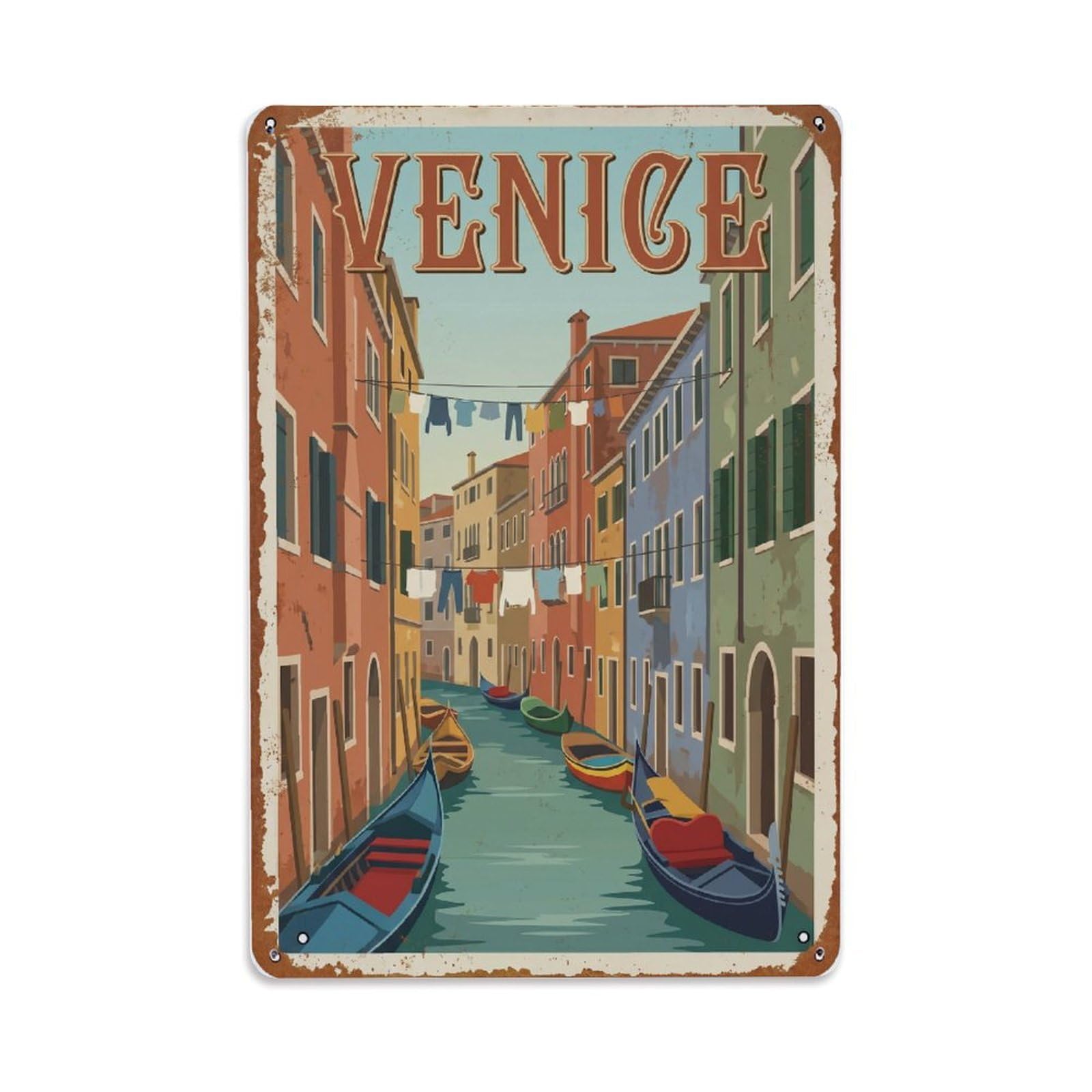 Vintage Travel Venice Narrow Canal Washing Lines Rusted Italy Metal Tin Sign Plaque Wall Decor for Cafe, Club Bar, Office, Home Garden Metal Poster 8x12Inch