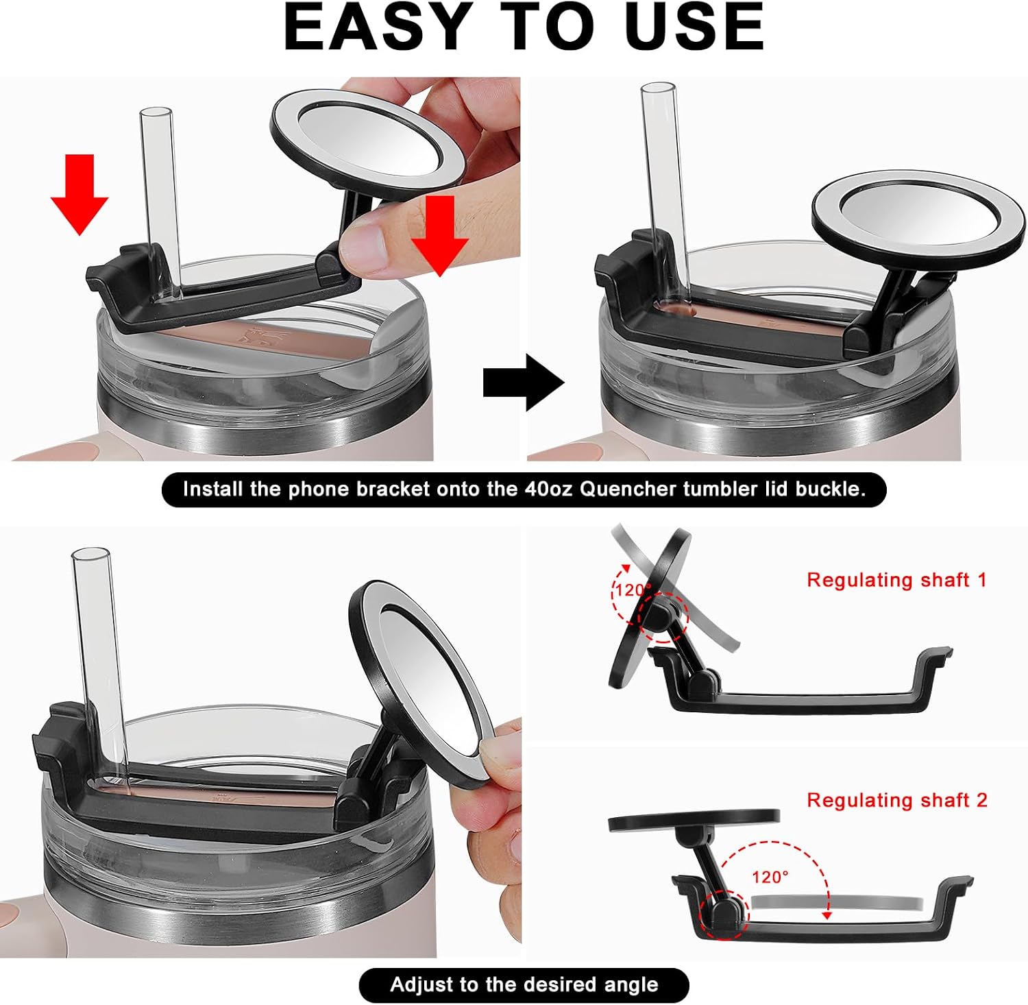 Water Bottle Phone Holder for Stanley 40oz Quencher Tumbler Cup Lid, Compatible with MagSafe, with Magnetic Ring Attachment, Phone Stand Mount, Portable, Rotatable (2, Black, fits H1.0 40oz) image 3