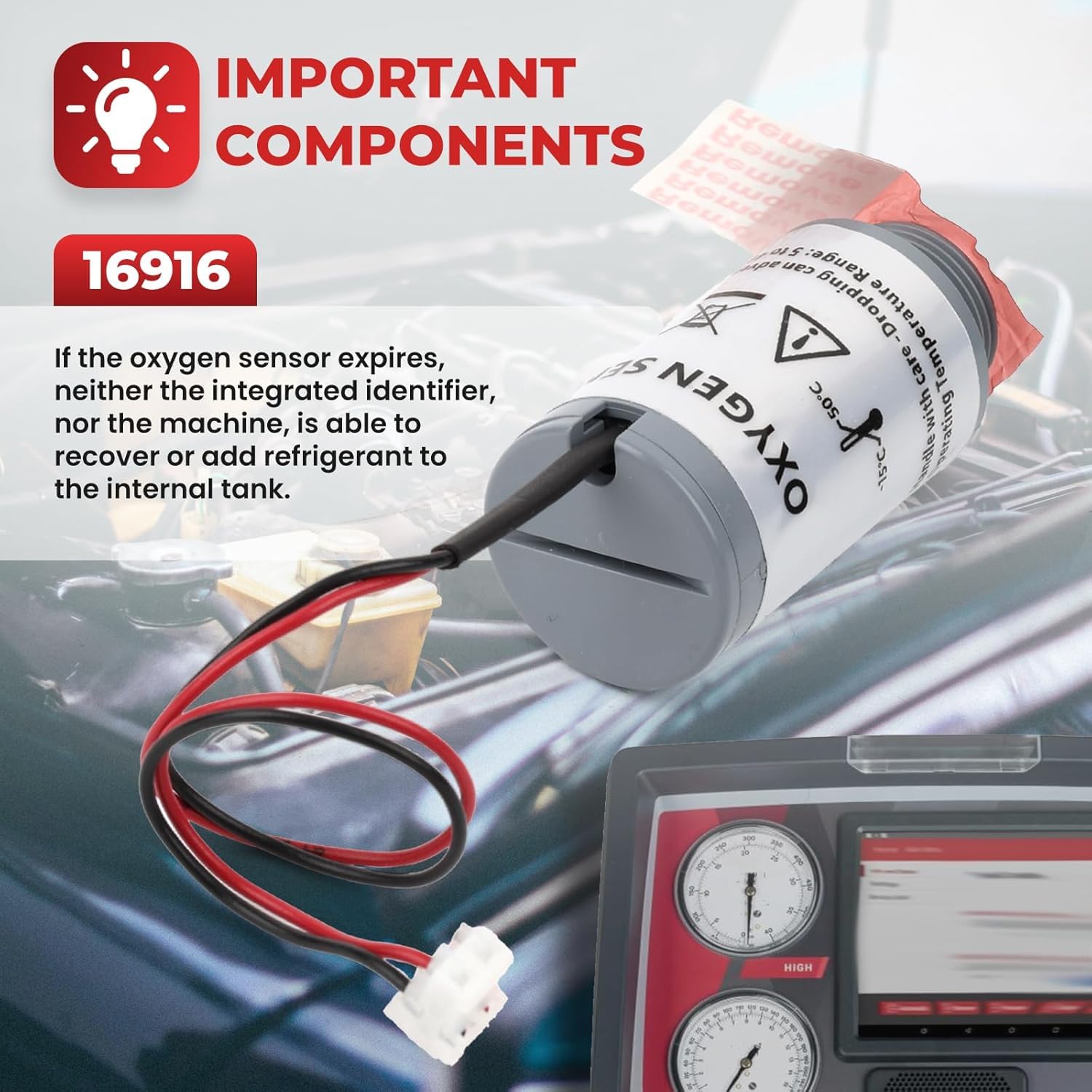 16916 Oxygen Sensor - Replacement for R-1234yf Machines, Refrigerant Identifiers, and Oxygen Sensor Adapter/Spacer - Compatible with AC1234-4 / AC1234-4SL / AC1234-6