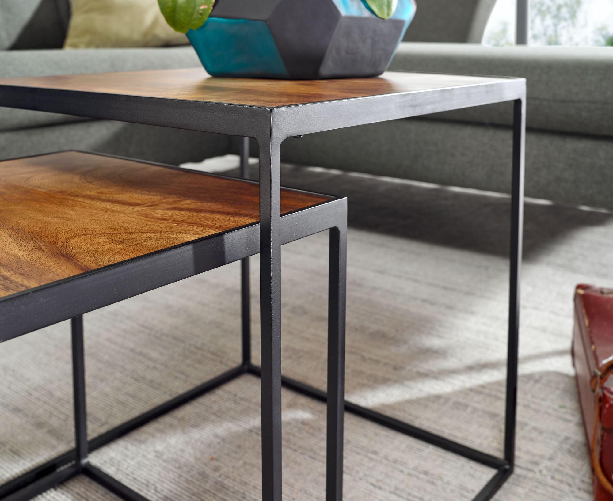 FineBuy Wohnzimmertisch 2er Set Mango Massivholz/Metall Beistelltisch Eckig, Design Beistelltisch Industrial, Sofatisch Couchtisch Quadratisch, Tischset 2-teilig Satztisch Braun
