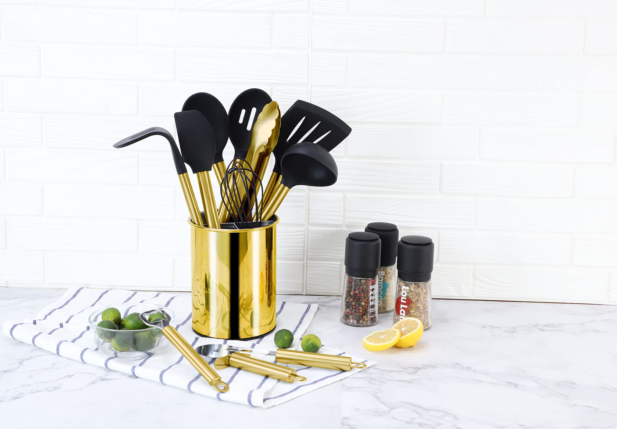 ECHTWERK Utensili da cucina, Set di 12 utensili da cucina, Utensili da cucina con manico in acciaio inox, Portautensili, Ausili domestici in silicone antiaderente, Edizione oro, EW-KS-1202G