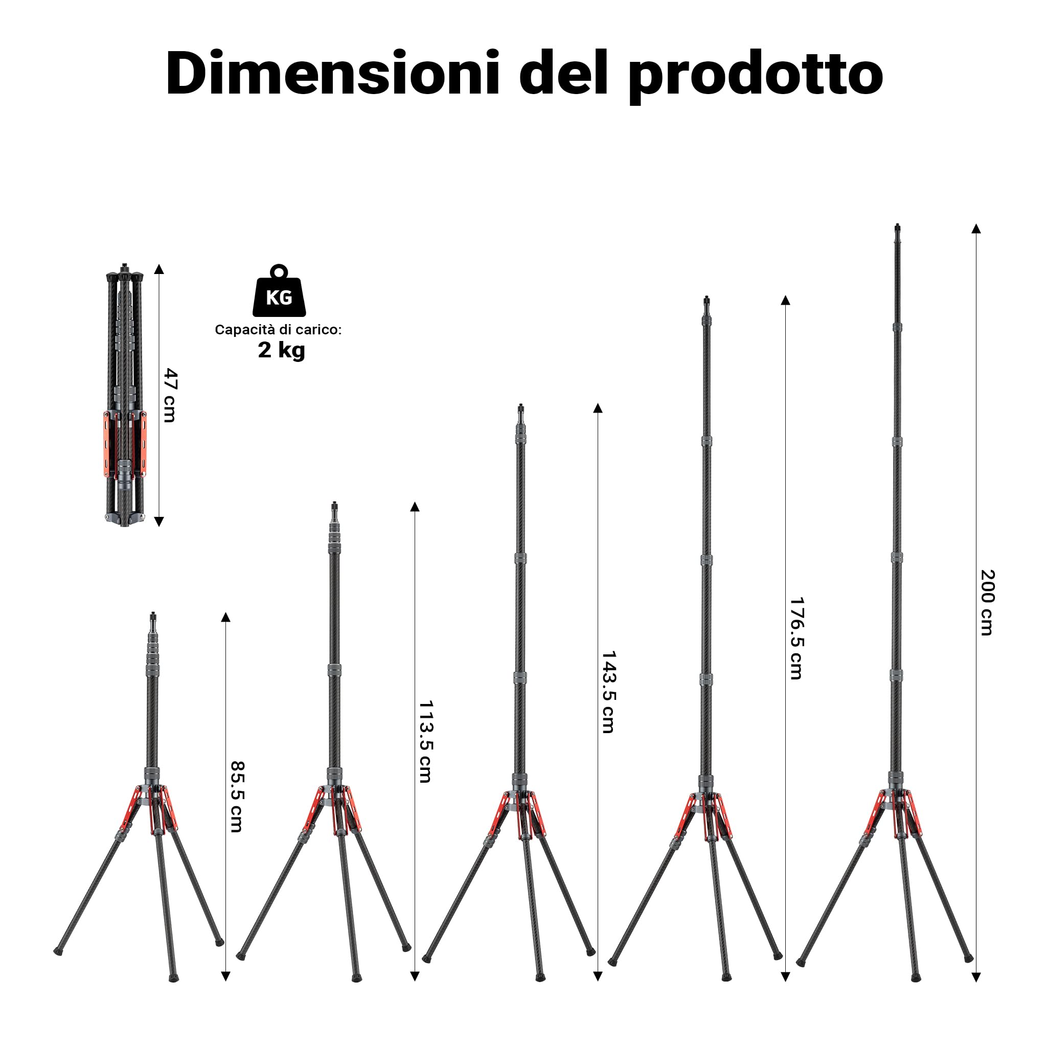 walimex pro Stativo per luci C-200 in carbonio altezza 2 m, cavalletto leggero da 600 g, treppiedi per flash con spigot da 5/8 di pollice per luci LED da studio, studi fotografici e riprese video