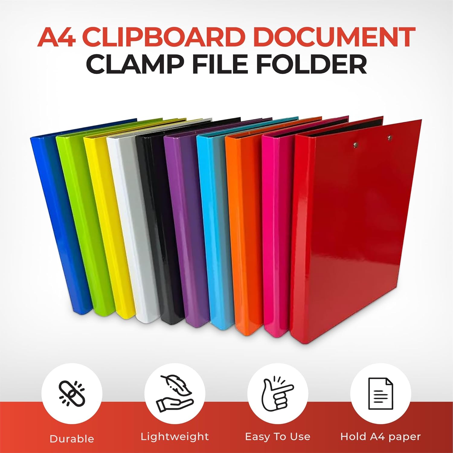 Pack of 10 Assorted Colour A4 Clipboard Document Clamp File Folders