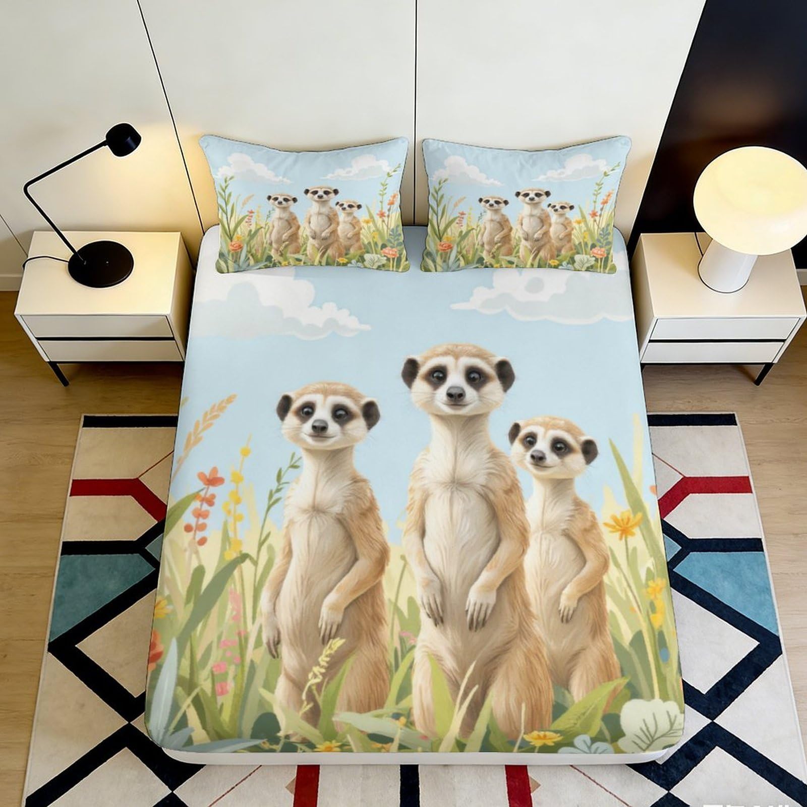 3D Printed Meerkat Family Fitted Sheet Microfiber Soft Breathable Wildlife Bed Cover for Bedroom Dorm Mattress Protection Decor 90x200x25cm
