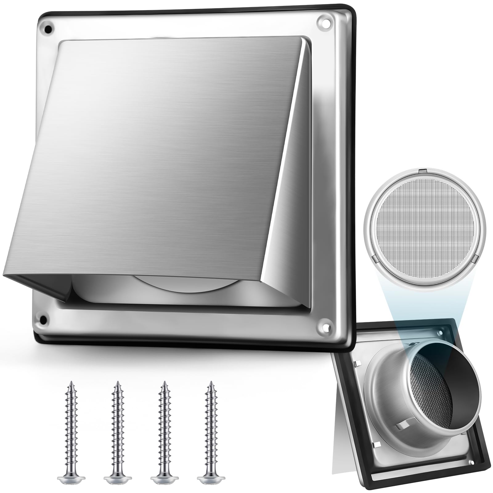 Gisafai 4 Inch Dryer Vent Cover Outdoor with Fine Mesh Stainless Steel Screen Silver Wall Dryer Exhaust Vent Cover External Cap Cushioned Non Return Flap with Sealing Gasket Grille, Bird/Insect Proof