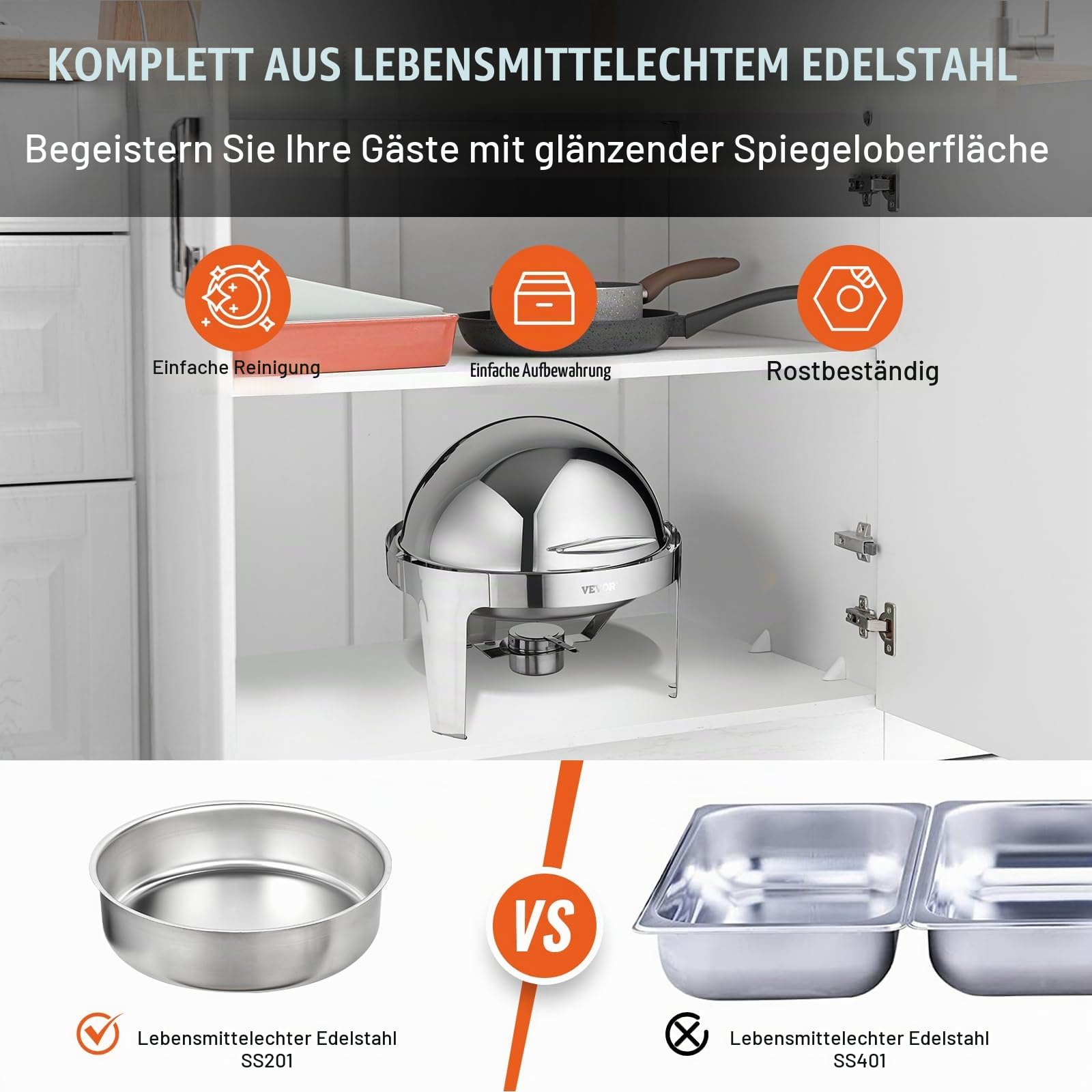 VEVOR 2-teiliger Speisenwärmer Wärmebehälter Chafing-Dish-Set Rolldeckel 5,5 L x 2, Rund Edelstahl Wärmebehälter Buffet Set inkl. Kraftstoffhalter & Esszange, für Restaurants, Buffets, Schulen usw.