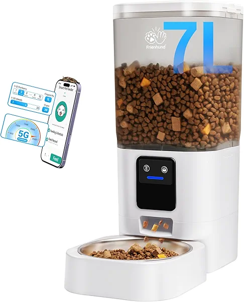 Frienhund Automatic Cat Feeder with Slow Feed: 5G WiFi Automatic Dog Feeder with APP Control, 7L Auto Cat Food Dispenser with Alexa for Multiple Pets, Detachable for Easy Cleaning - 29 Cup
