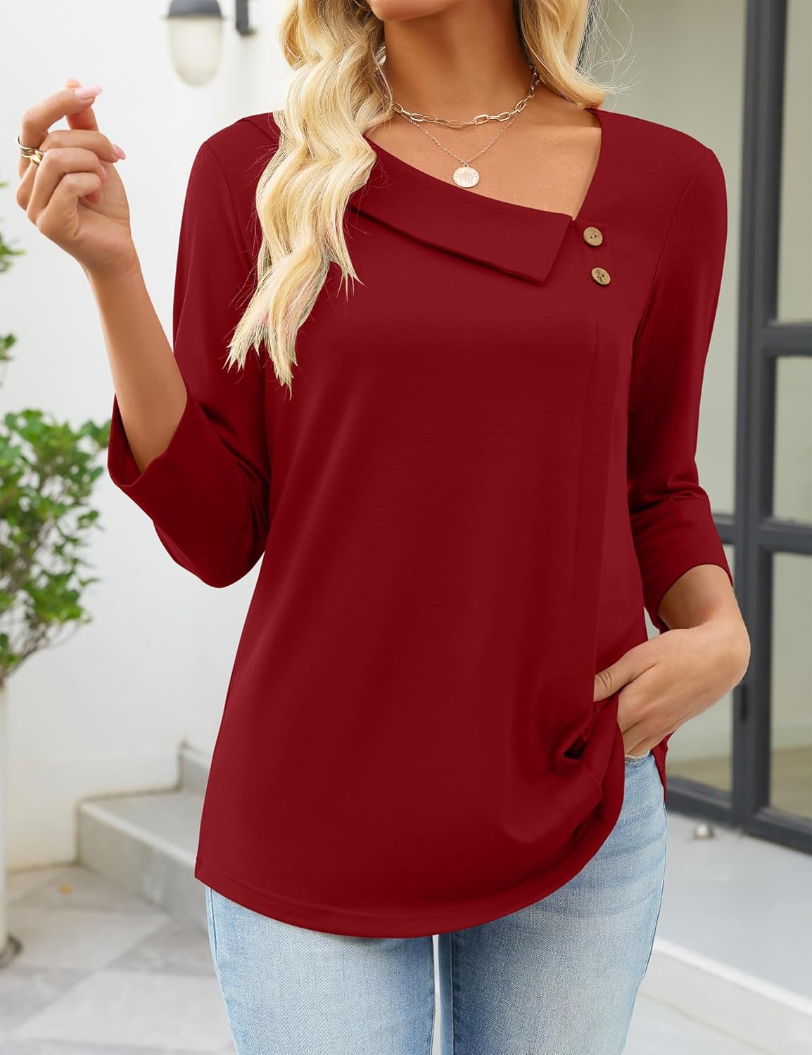 LUYAA Womens 3/4 Length Sleeve Square Neck Button Blouse Dressy Casual Asymmetrical Tunic Tops - Image 4