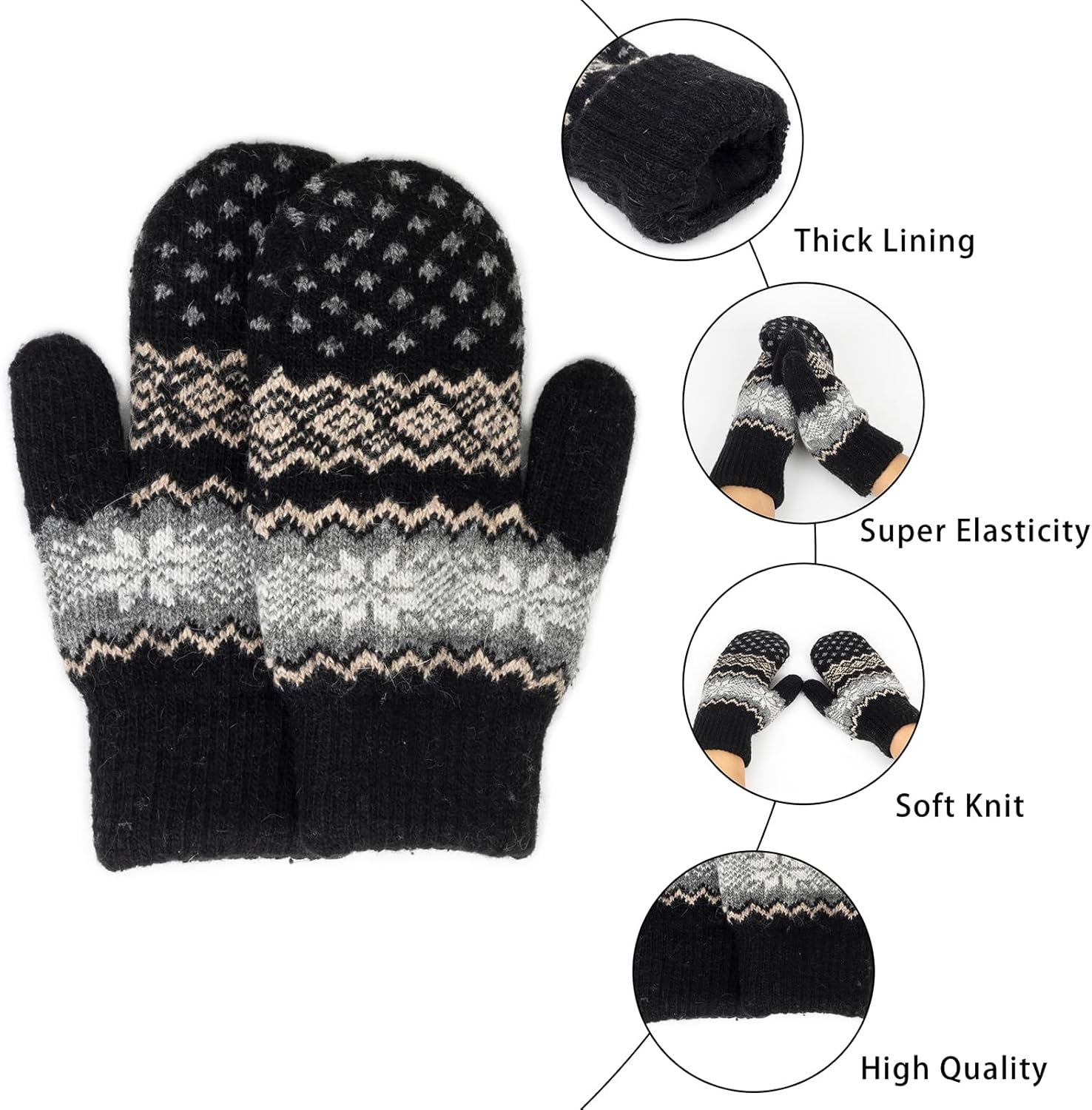 Women Warm Winter Wool Mittens - Snowflake Knit Fleece Gloves Double Layler Cute Mitts for Cold Weather - Image 3